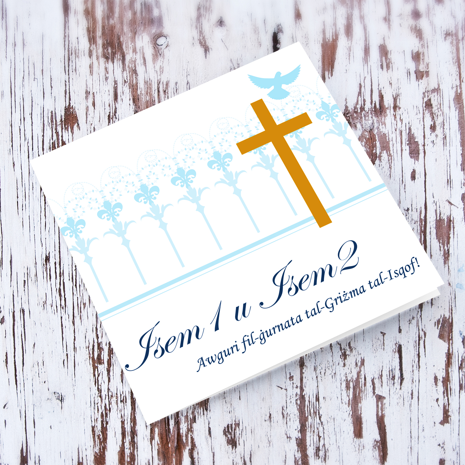 Gold cross with light blue background Confirmation card for TWIN boys