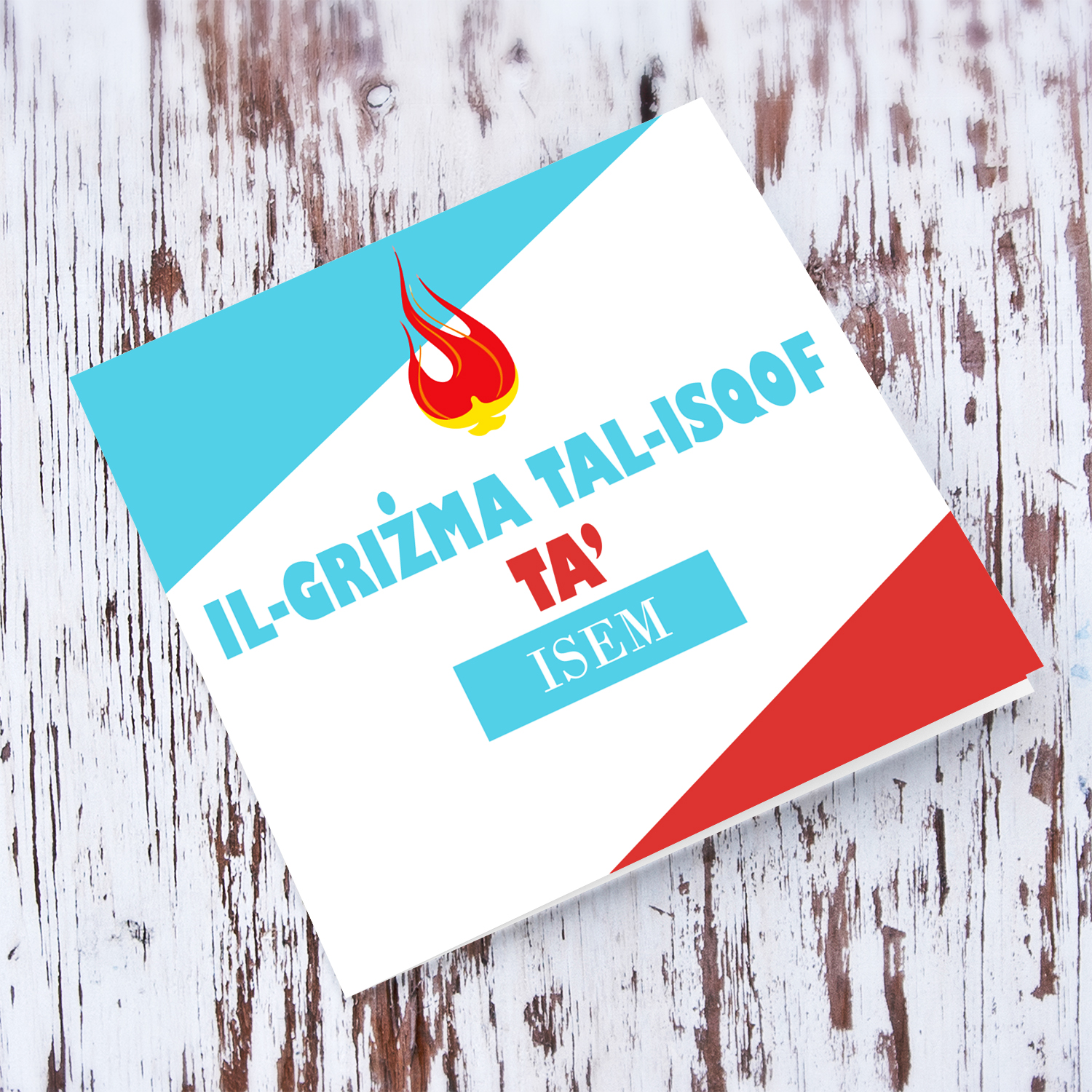 Modern Confirmation card with holy spirit in blue and red colours (Maltese & Personalisable)