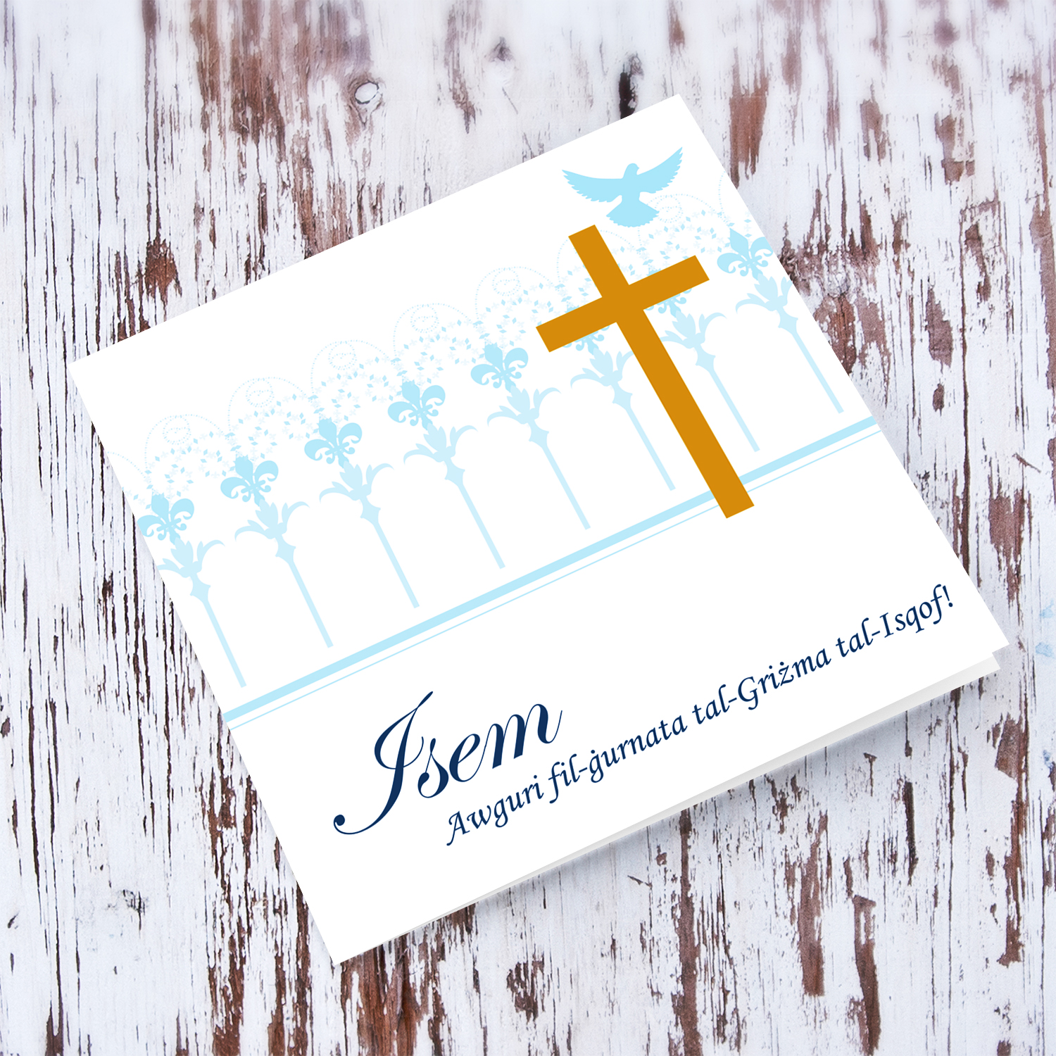 Gold cross with light blue background Confirmation card in Maltese (Personalisable)