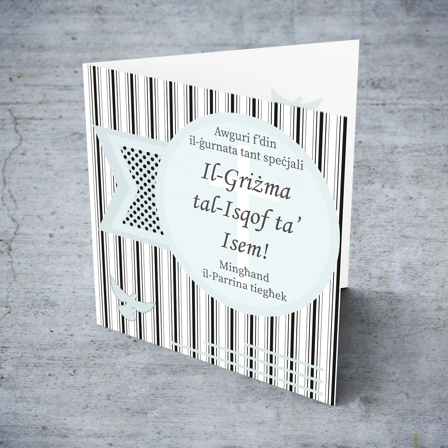 Confirmation card for Godson from Godmother / Sponsor in striped background and shades of blue in Maltese (Personalisable)