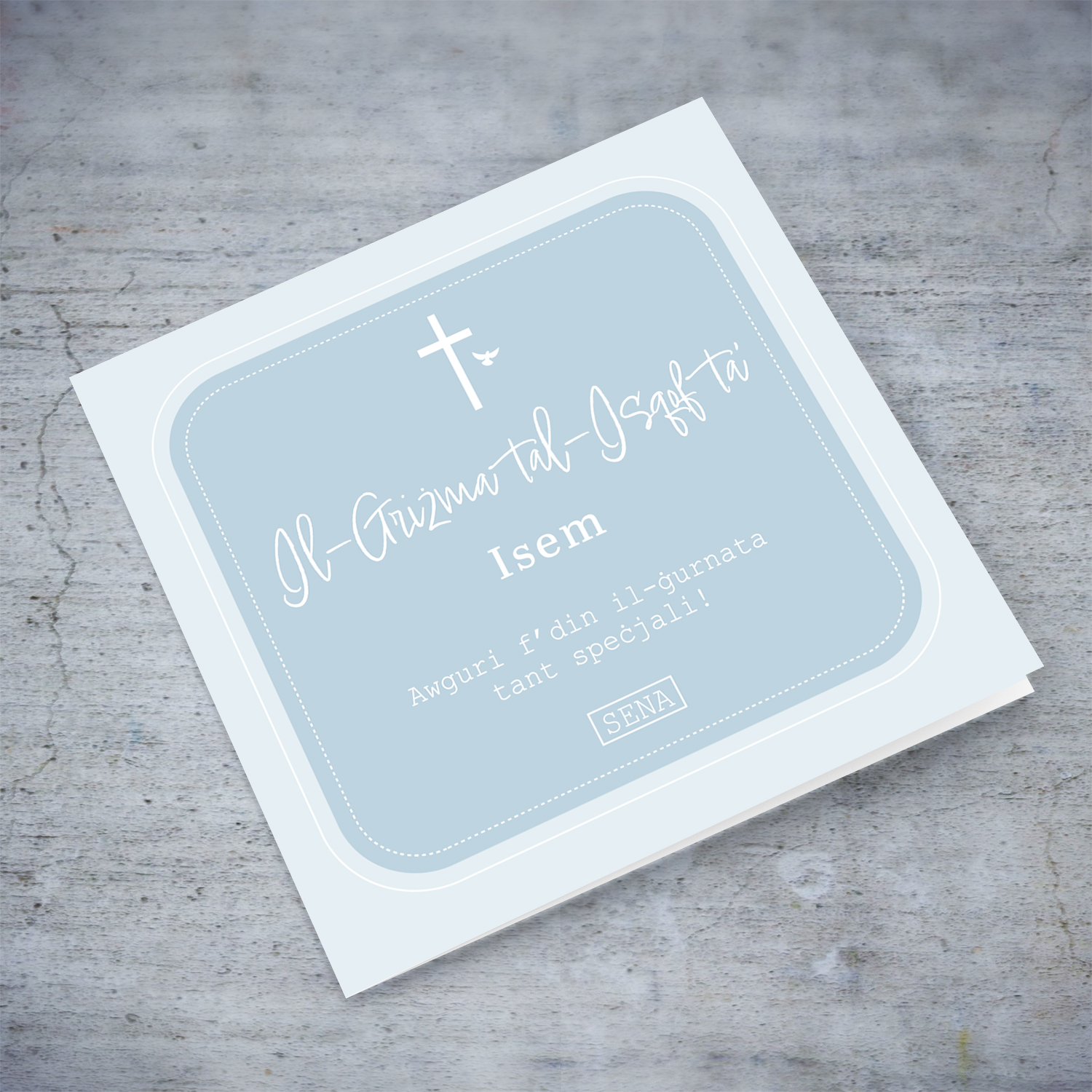 Different shades of blue Confirmation card for boy in Maltese (Personalisable)