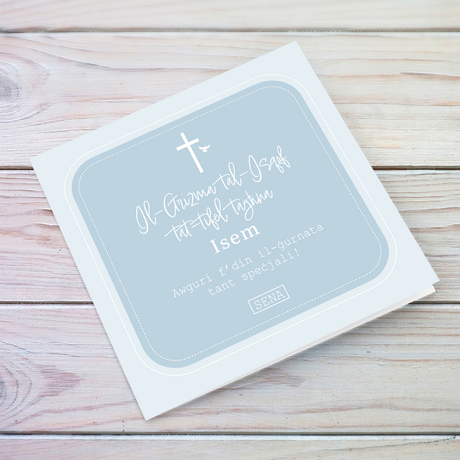 SON - Different shades of blue Confirmation card for SON in Maltese (Personalisable)