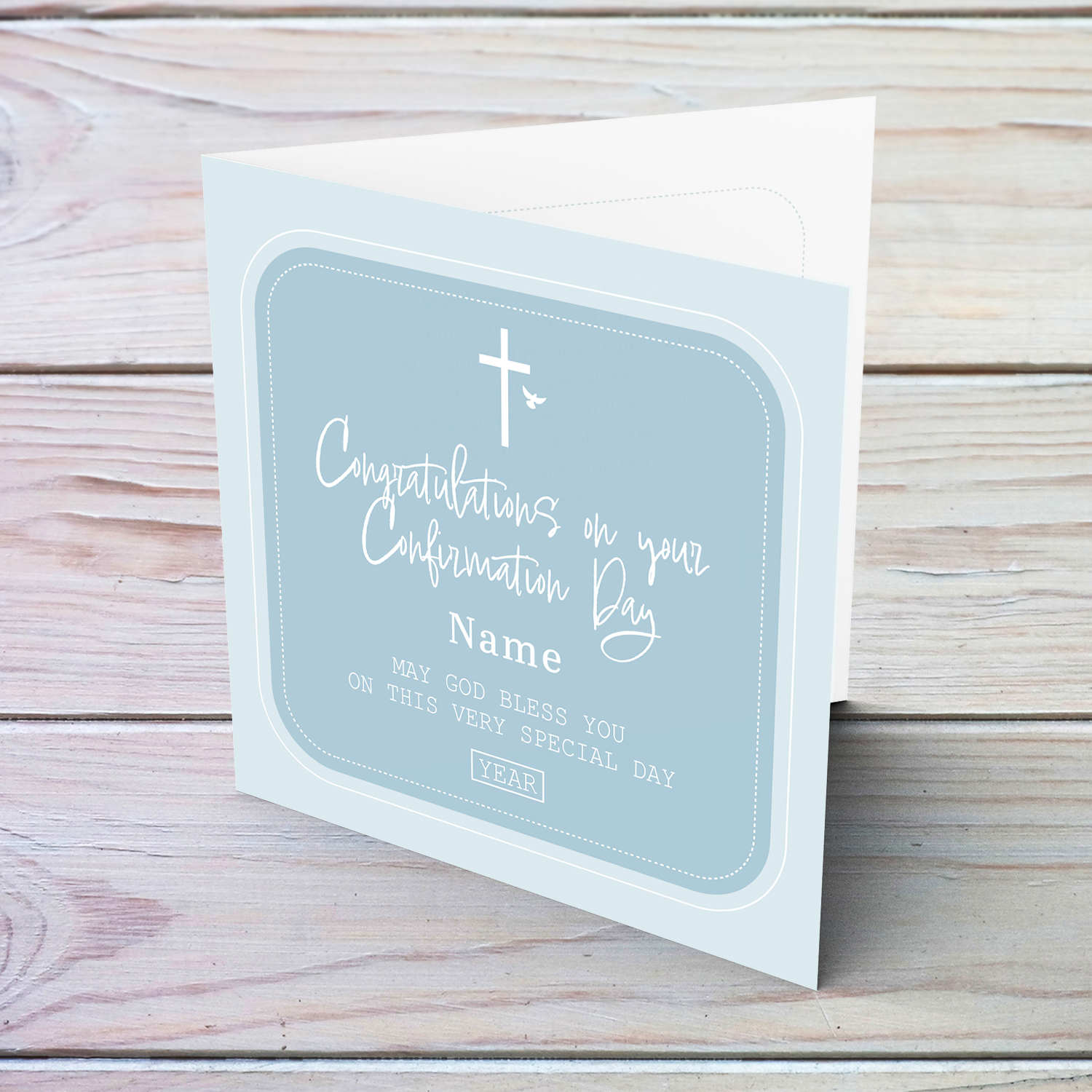 Different shades of blue Confirmation card for boy in English (Personalisable)