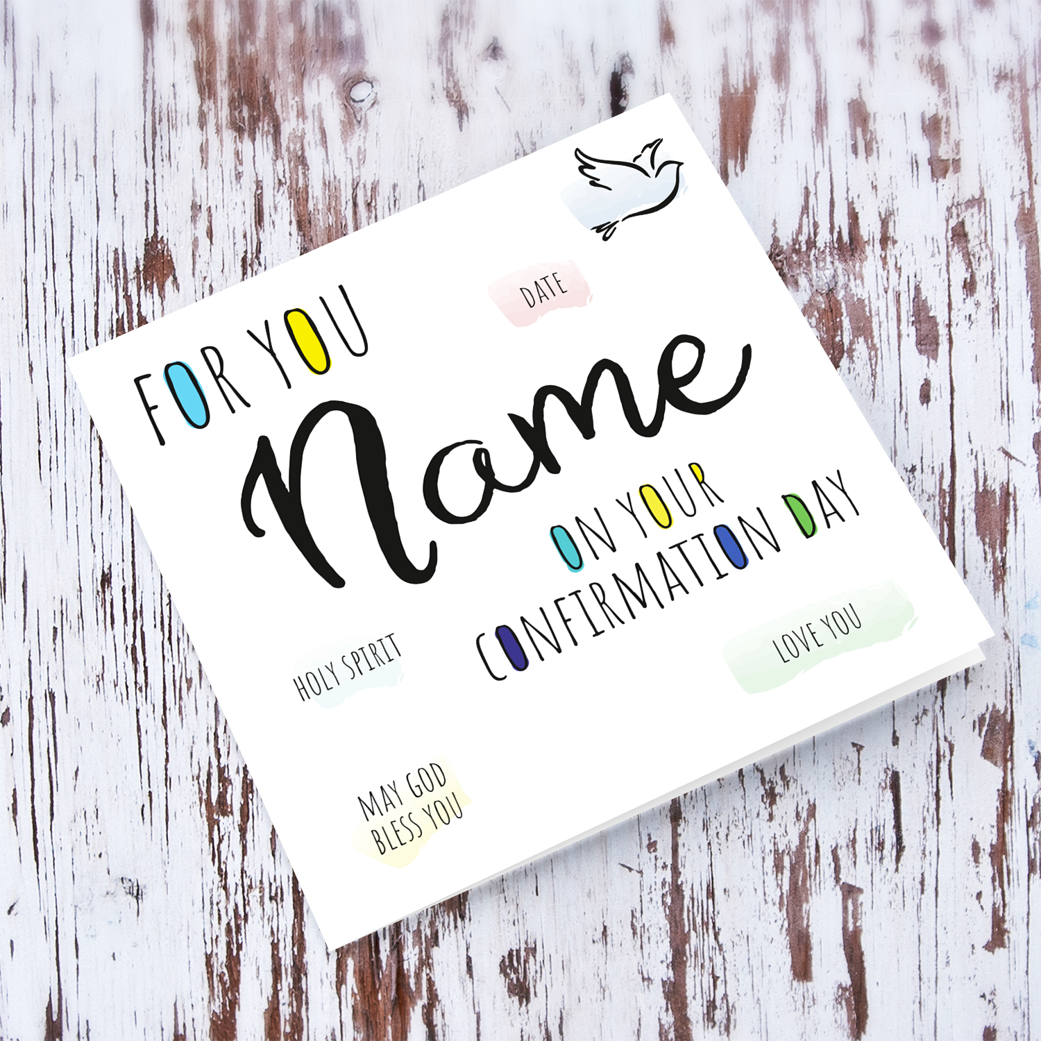 Colourful, minimalist & Modern confirmation card with positive messages and touches of blues, yellow and green in English (Personalisable)