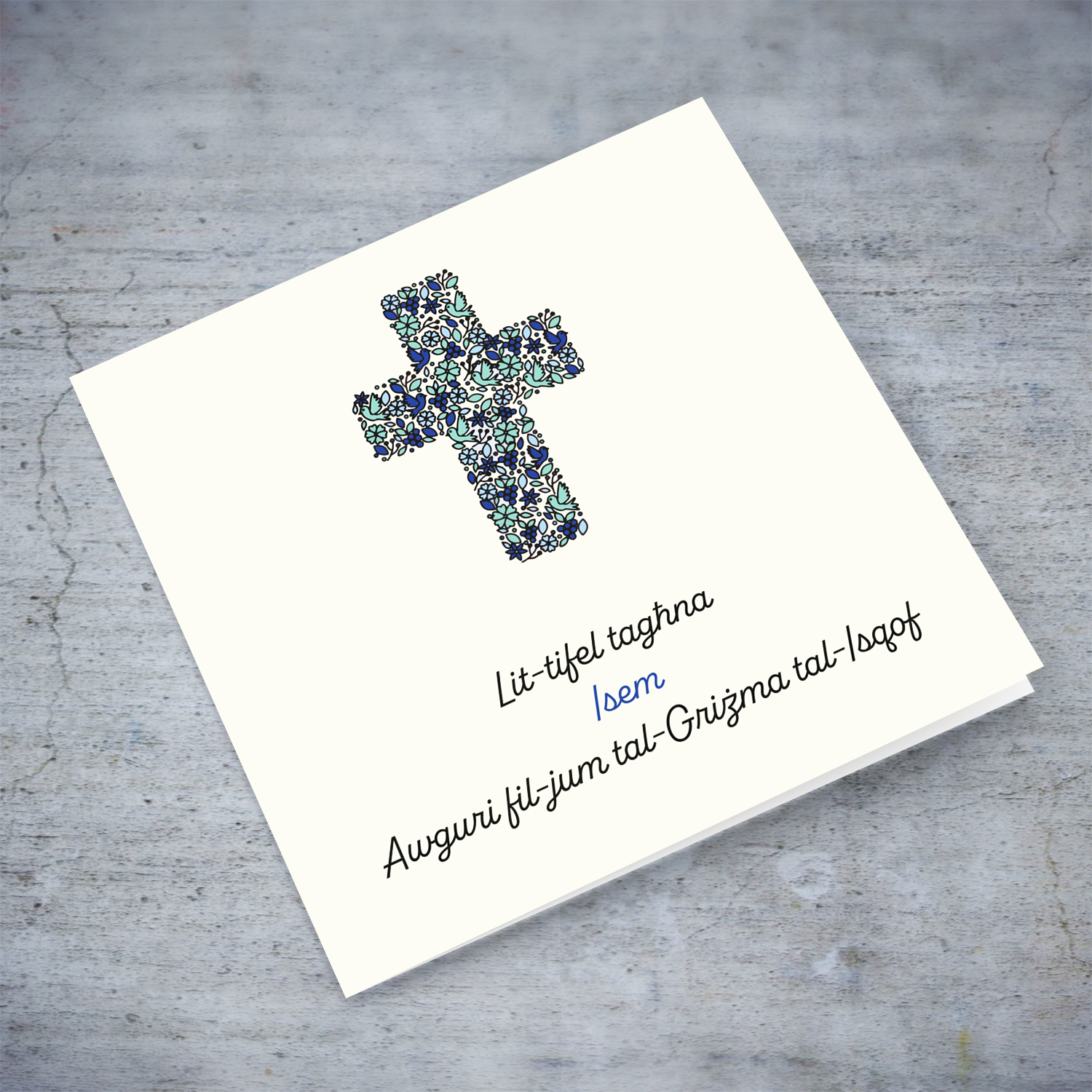 Son - Modern Confirmation card with floral cross (with touches of blue and green) in a light shaded background in Maltese (Personalisable)