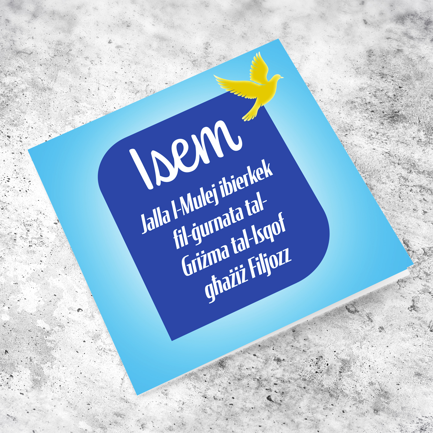 Shades of blue confirmation card with golden dove in white text for Godson in Maltese ( Personalisable)