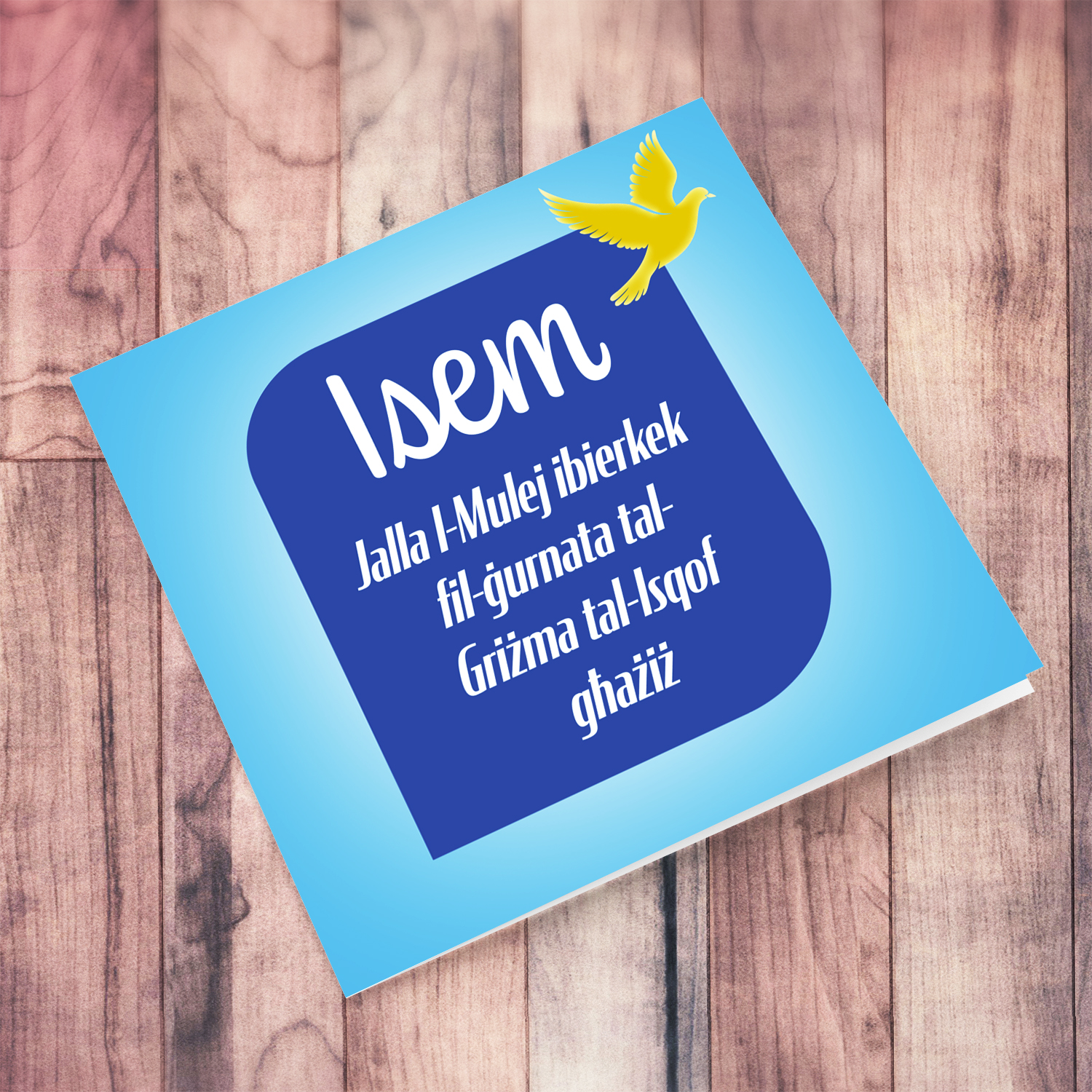 Shades of blue confirmation card with golden dove for a dear boy in white text in Maltese ( Personalisable)