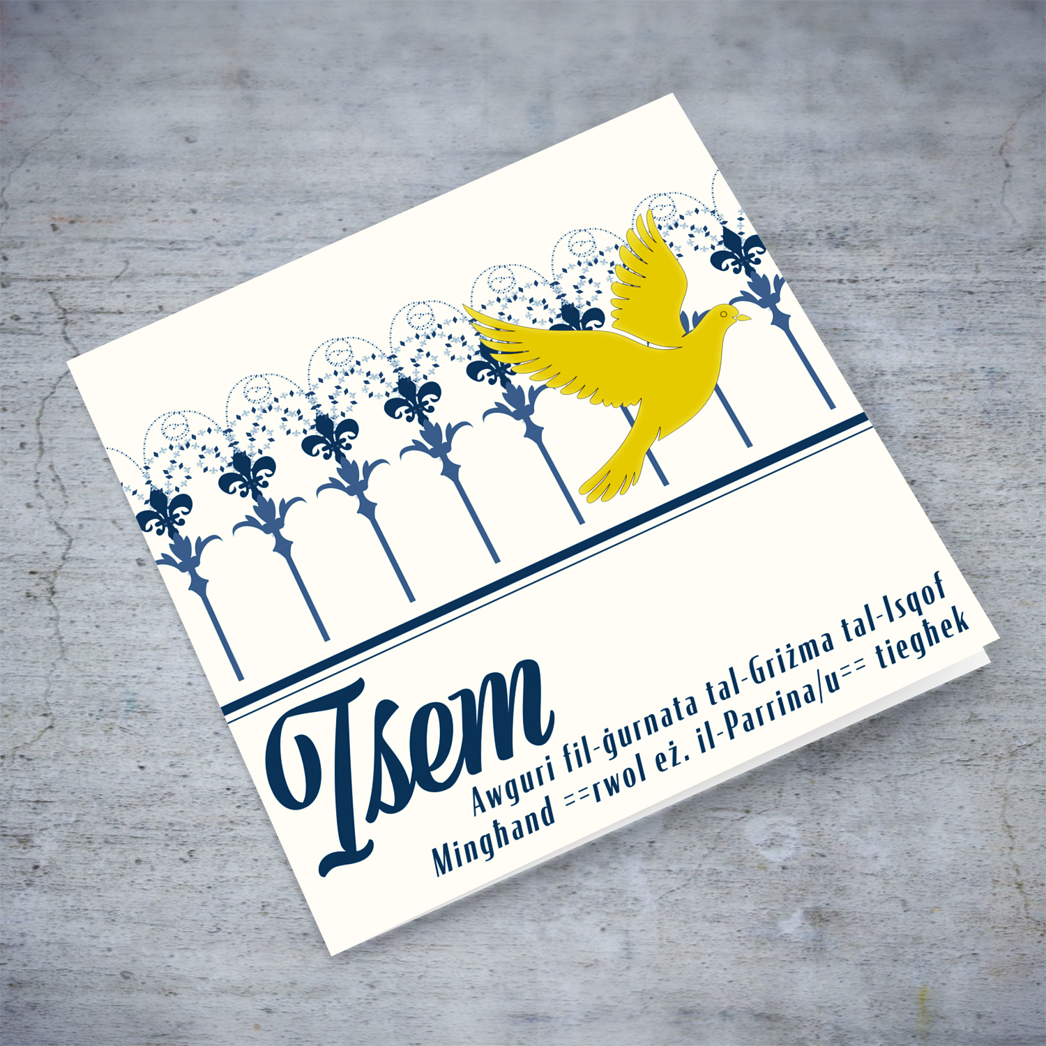 Golden dove themed confirmation card with blue text and decor in Maltese (Personalisable)