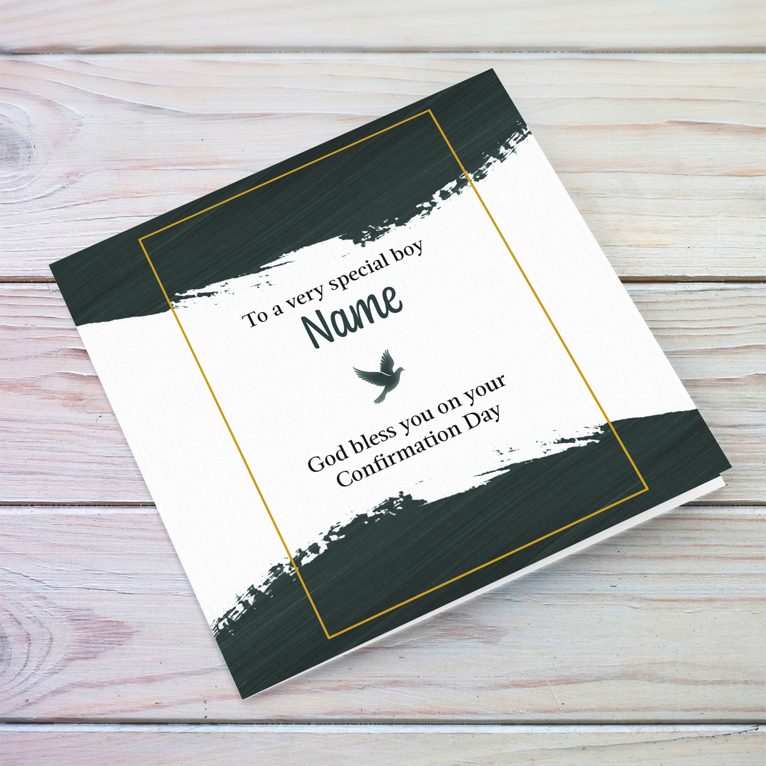 Modern Confirmation card with green touches and gold border to a very special boy in English (Personalisable)