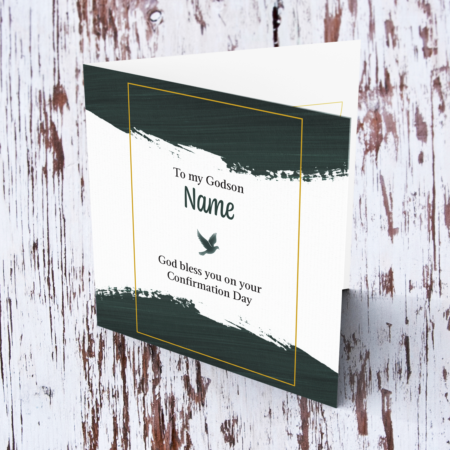 Modern Confirmation card with green touches and gold border for GODSON in English (Personalisable)