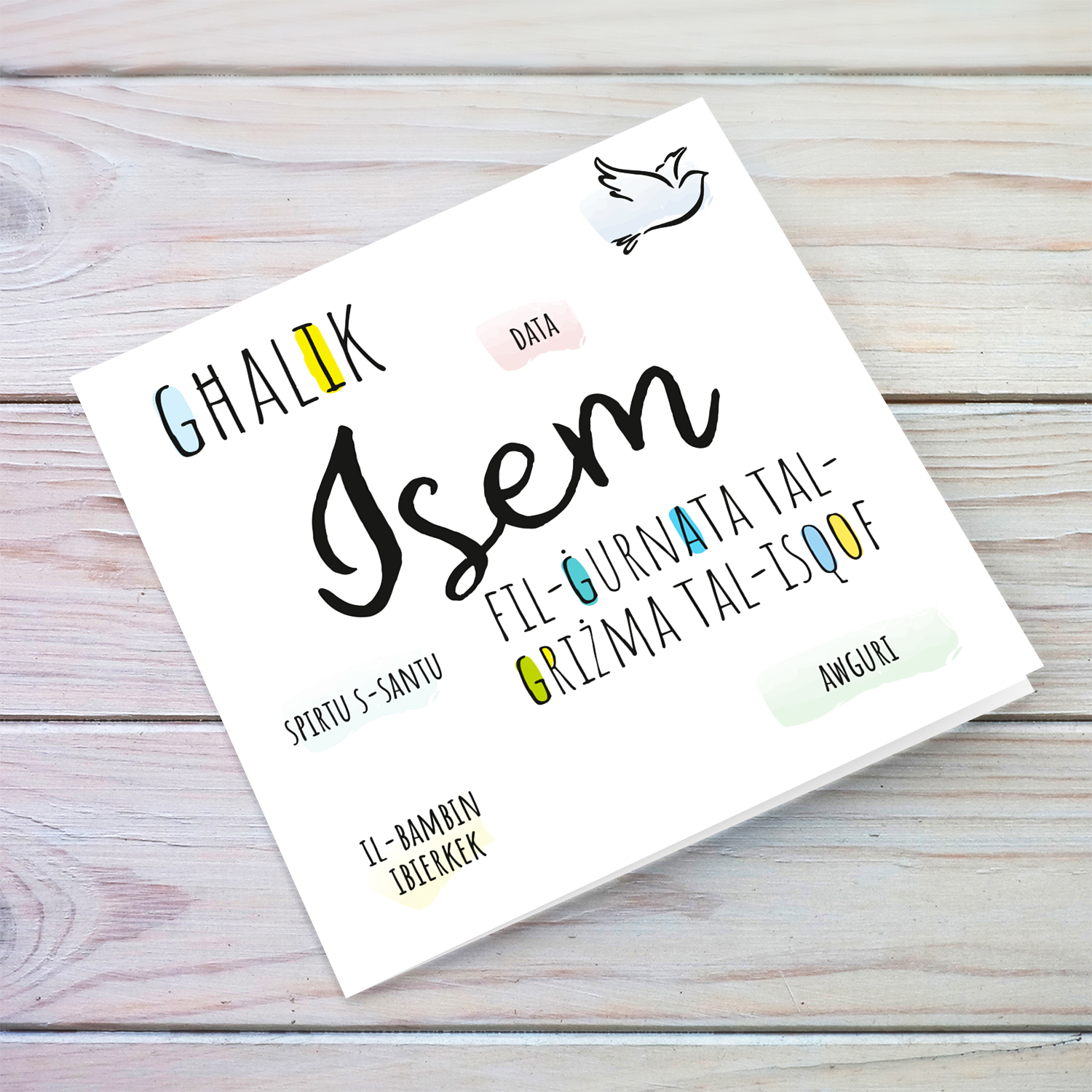 Colourful, minimalist & Modern confirmation card with positive messages and touches of blues, yellow and green in Maltese (Personalisable)