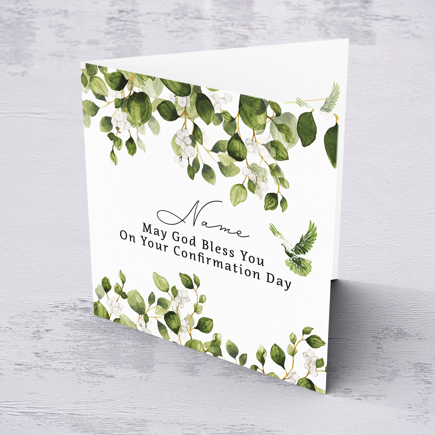 A neutral open Confirmation card, featuring foliage in English (Unisex & Personalisable)