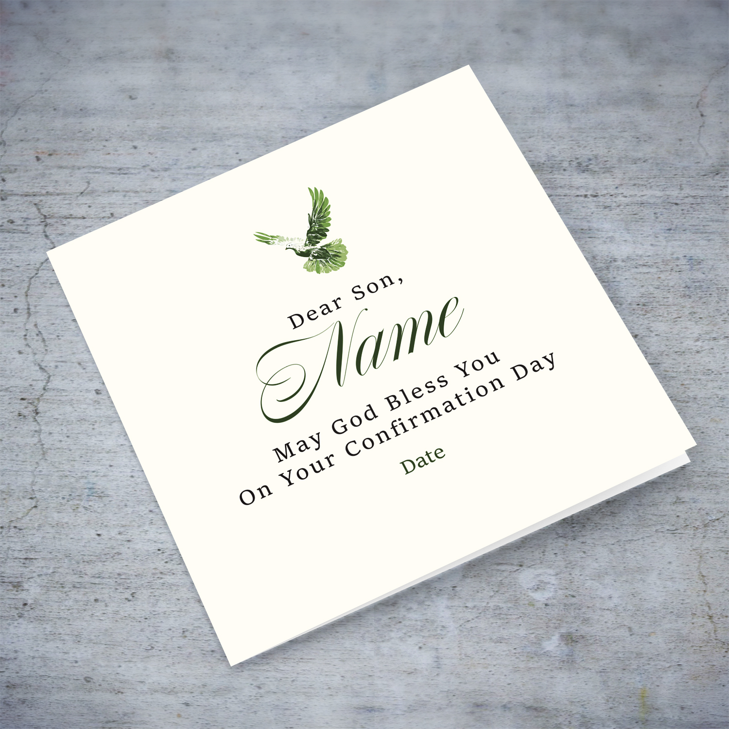 A neutral coloured Confirmation card for SON, in cream background and touches of green in English (Personalisable)