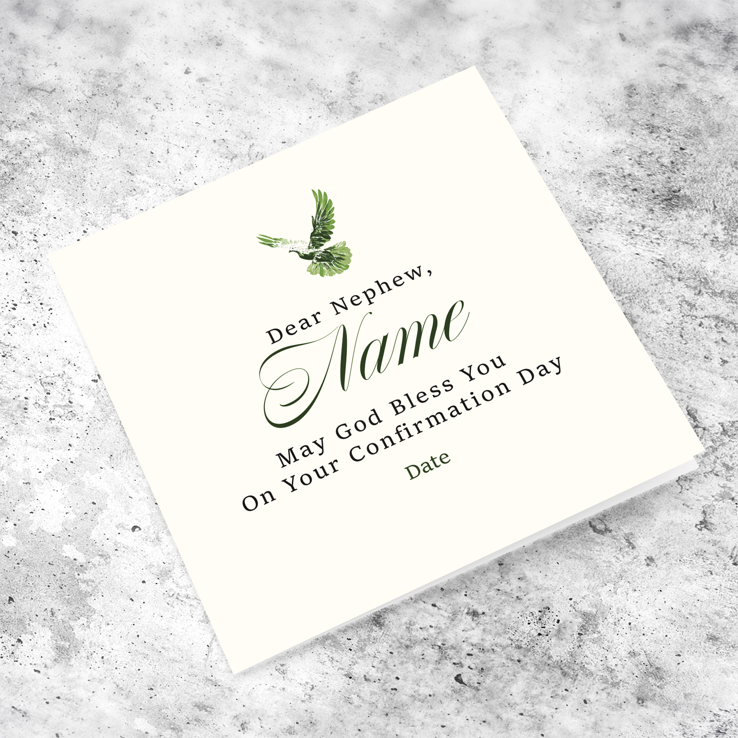 A neutral coloured Confirmation card for NEPHEW, in cream background and touches of green in English (Personalisable)
