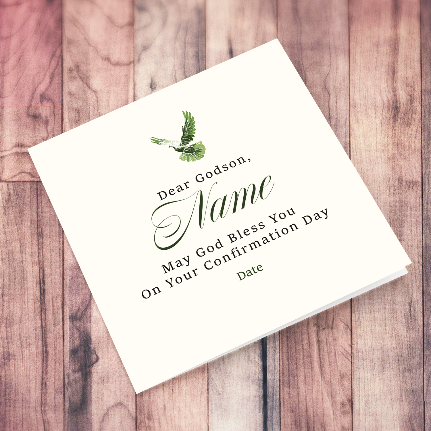 A neutral coloured Confirmation card for GODSON, in cream background and touches of green in English (Personalisable)