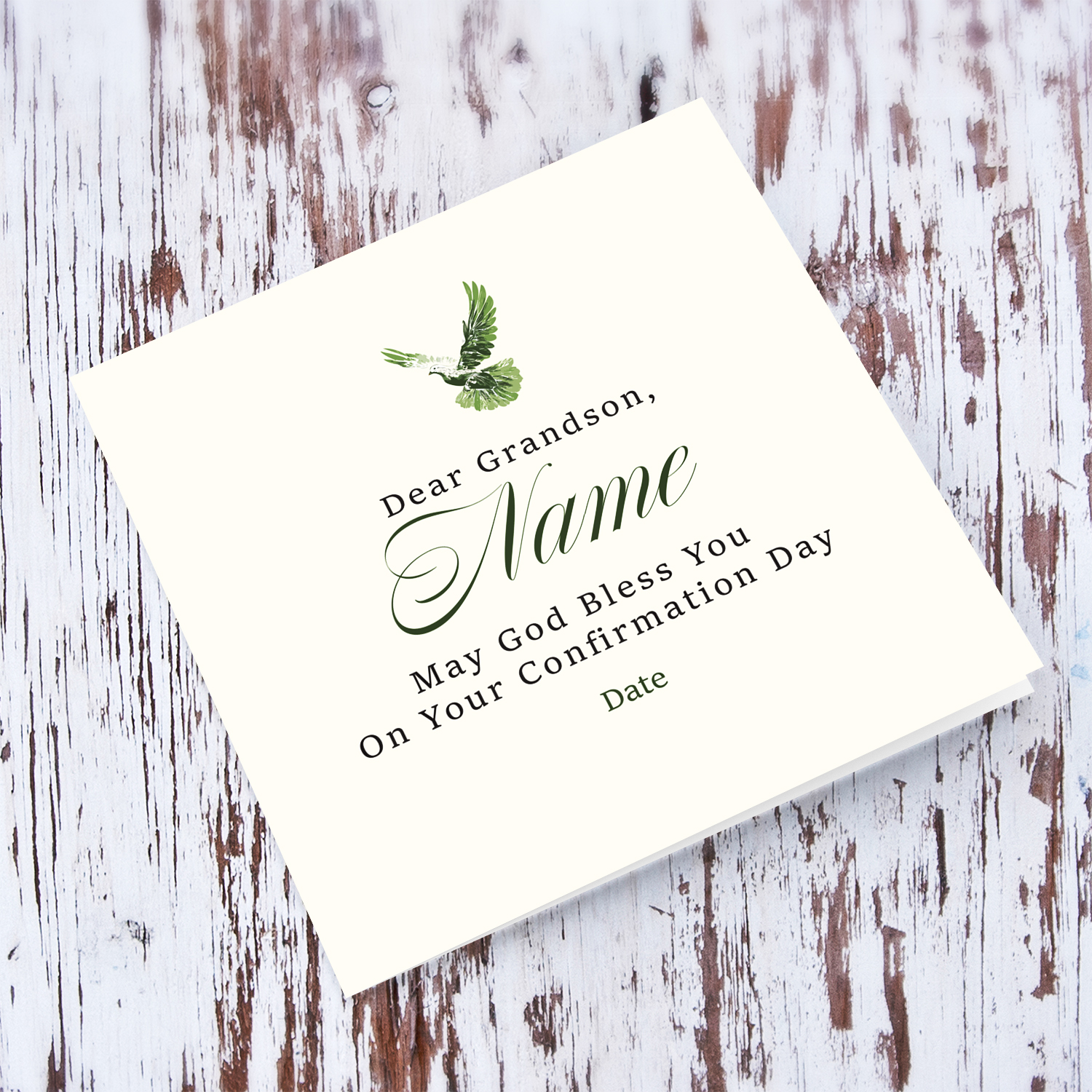 A neutral coloured Confirmation card for GRANDSON, in cream background and touches of green in English (Personalisable)