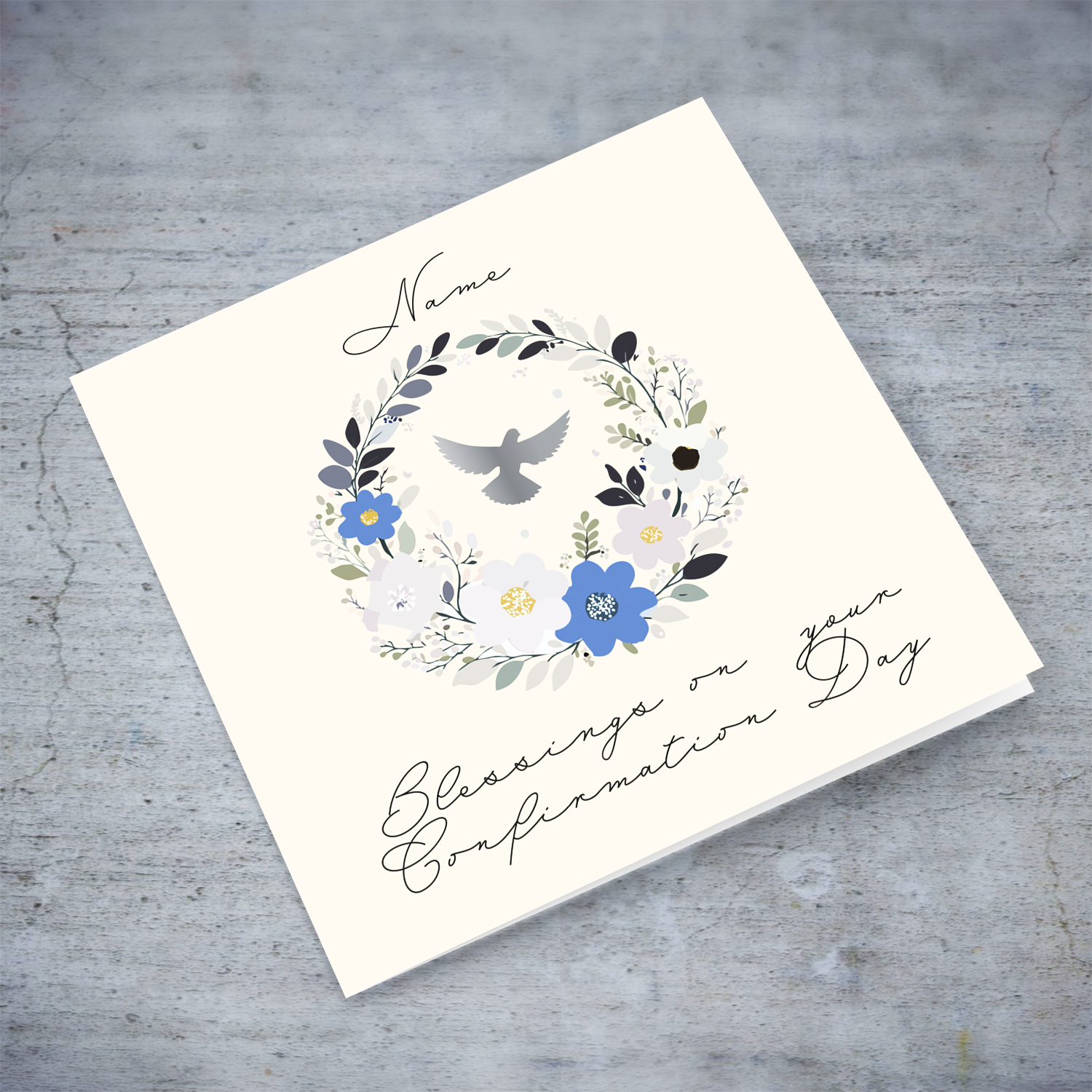 Neutral Confirmation card with a floral wreath and gentle blue touches, in a light cream background and elegant font in English (Personalisable)