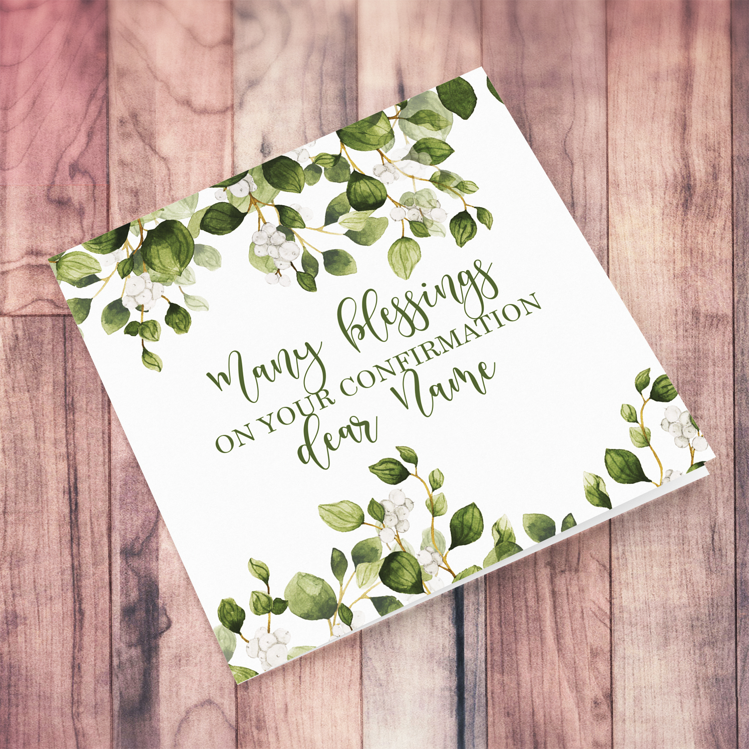 A neutral open Confirmation card, featuring green foliage in English (Unisex, neutral & Personalisable)