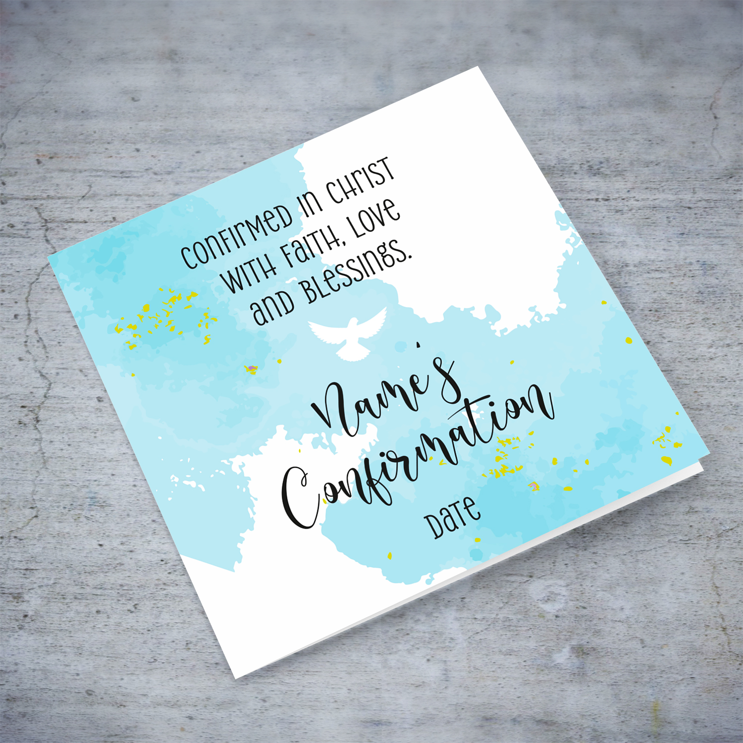 A beautiful Confirmation card in blue tones, with holy spirit and touches of gold in English (Personalisable)