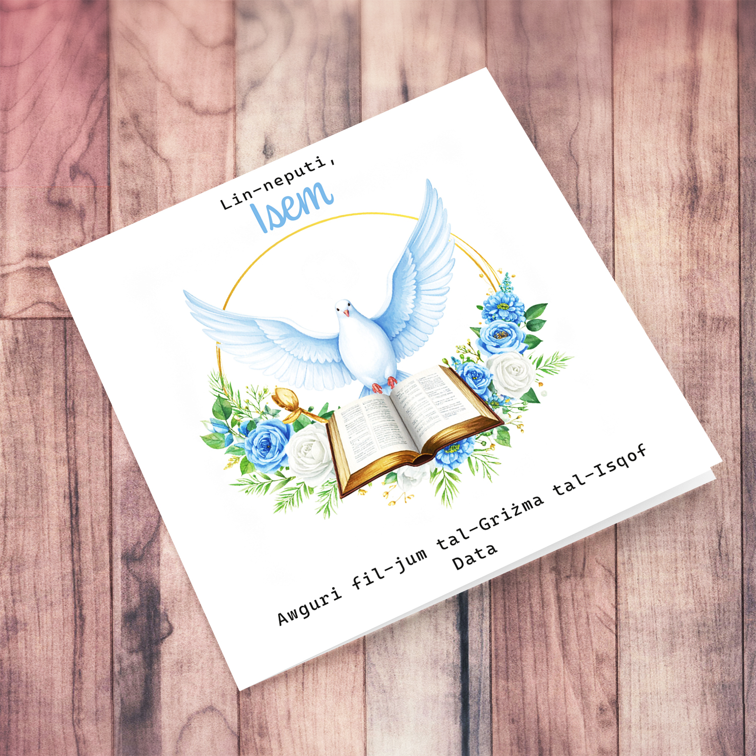 An elegant Confirmation card for Nephew / Grandson featuring the Holy Spirit dove, an open Bible and beautiful blue and white flowers (Personalisable)