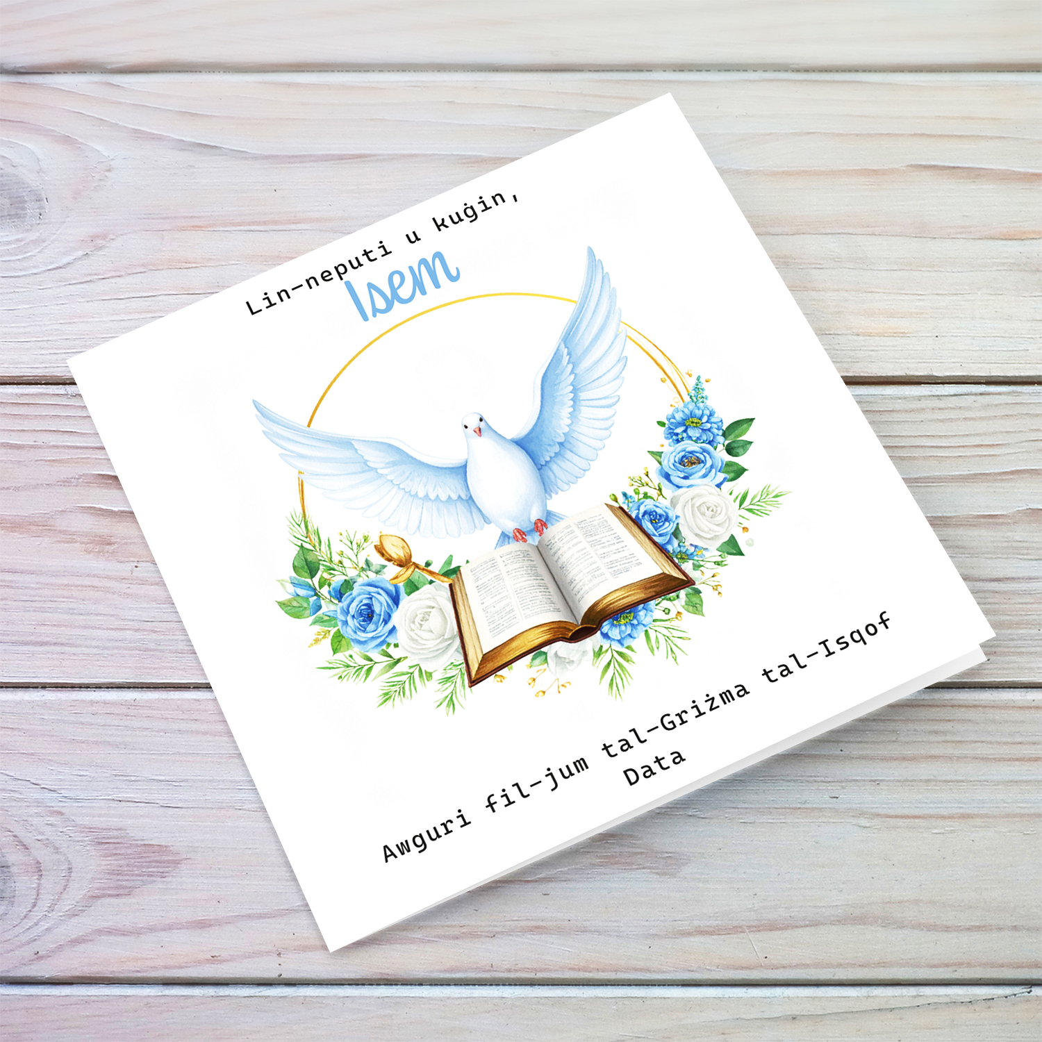 An elegant Confirmation card for Nephew & Cousin featuring the Holy Spirit dove, an open Bible and beautiful blue and white flowers (Personalisable)