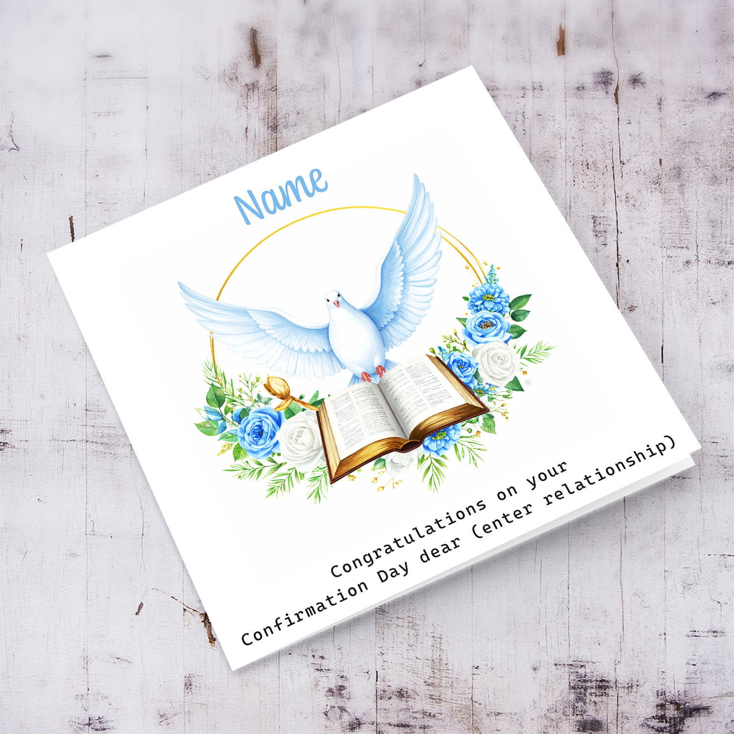 An elegant Confirmation card featuring the Holy Spirit dove, an open Bible and beautiful blue and white flowers in English (Personalisable)