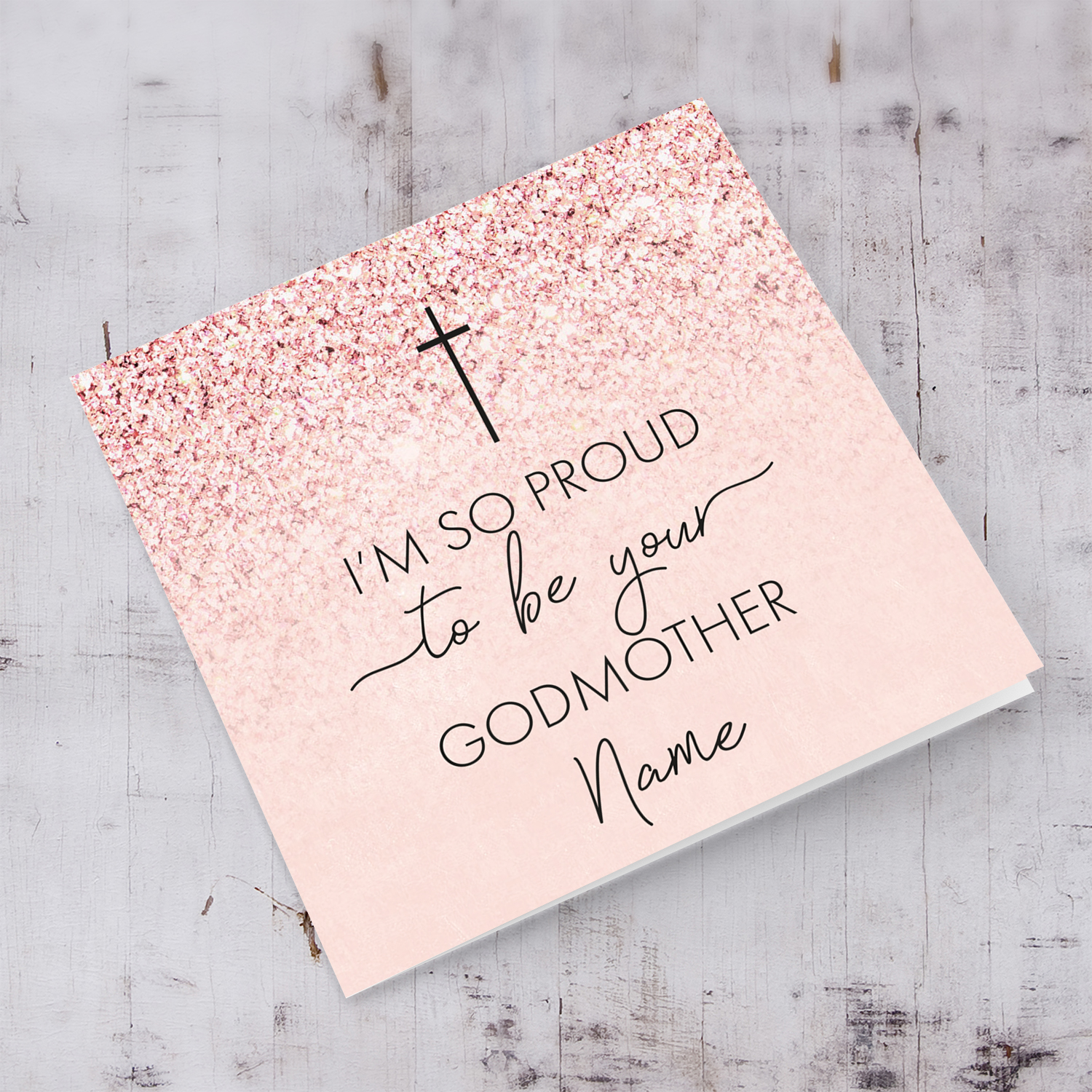 Pink Glitter with cross personalisable Confirmation card for girls from Godmother in English
