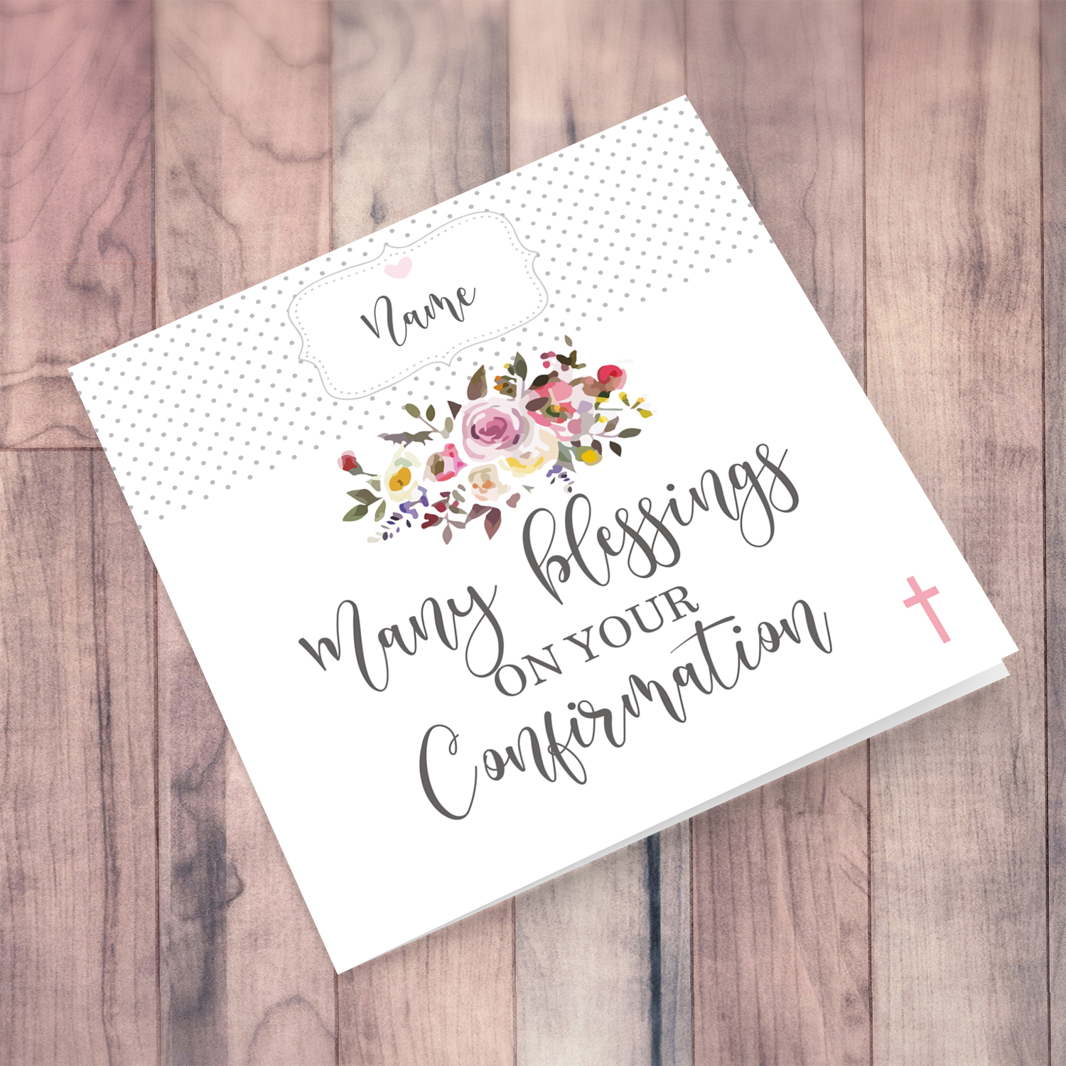 Minimalist personalisable Confirmation card with flowers in English for girls