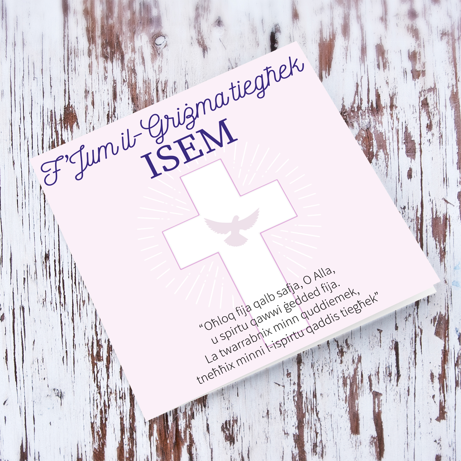 Confirmation card with light pink background cross and the holy spirit in Maltese (personalisable)