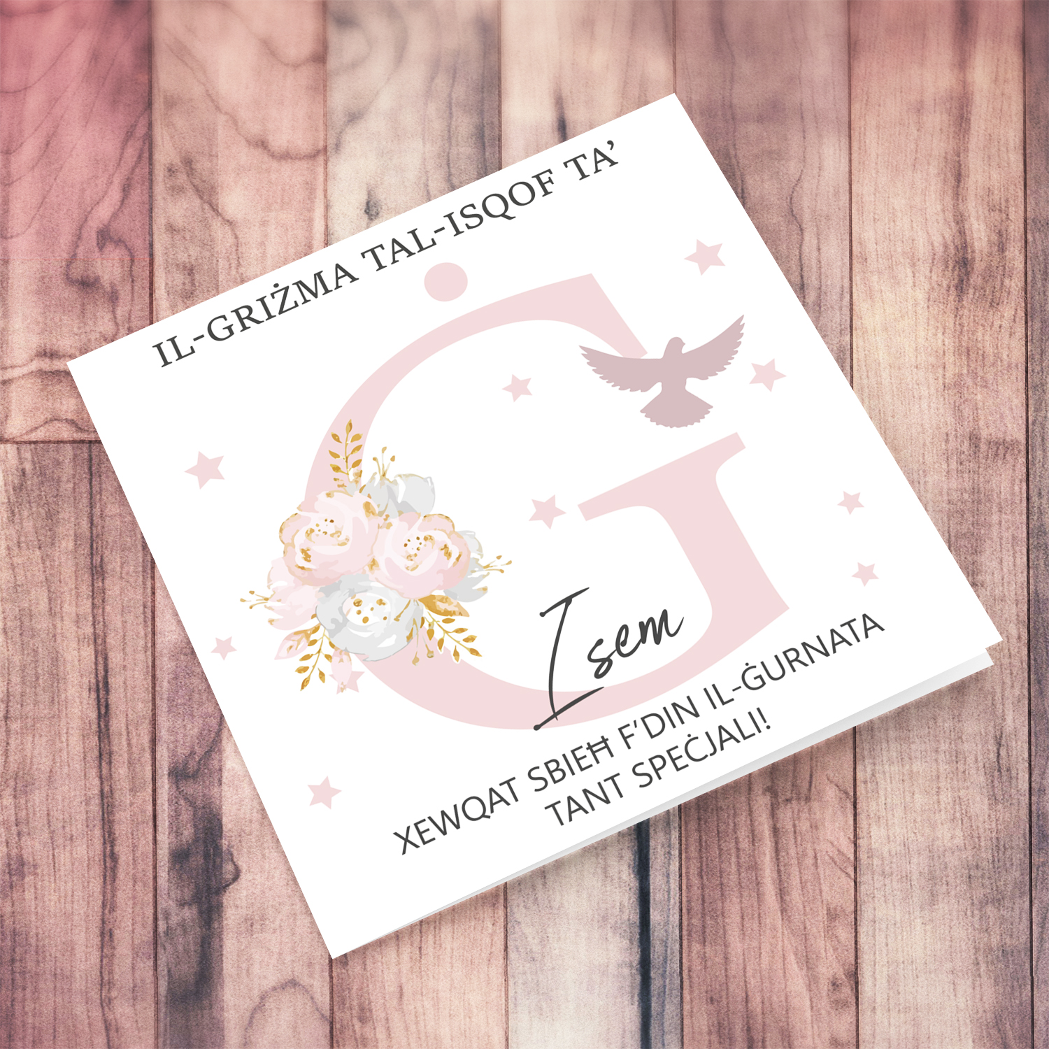 Ġ - Initial Confirmation Card for Girls, with Holy Spirit in Maltese