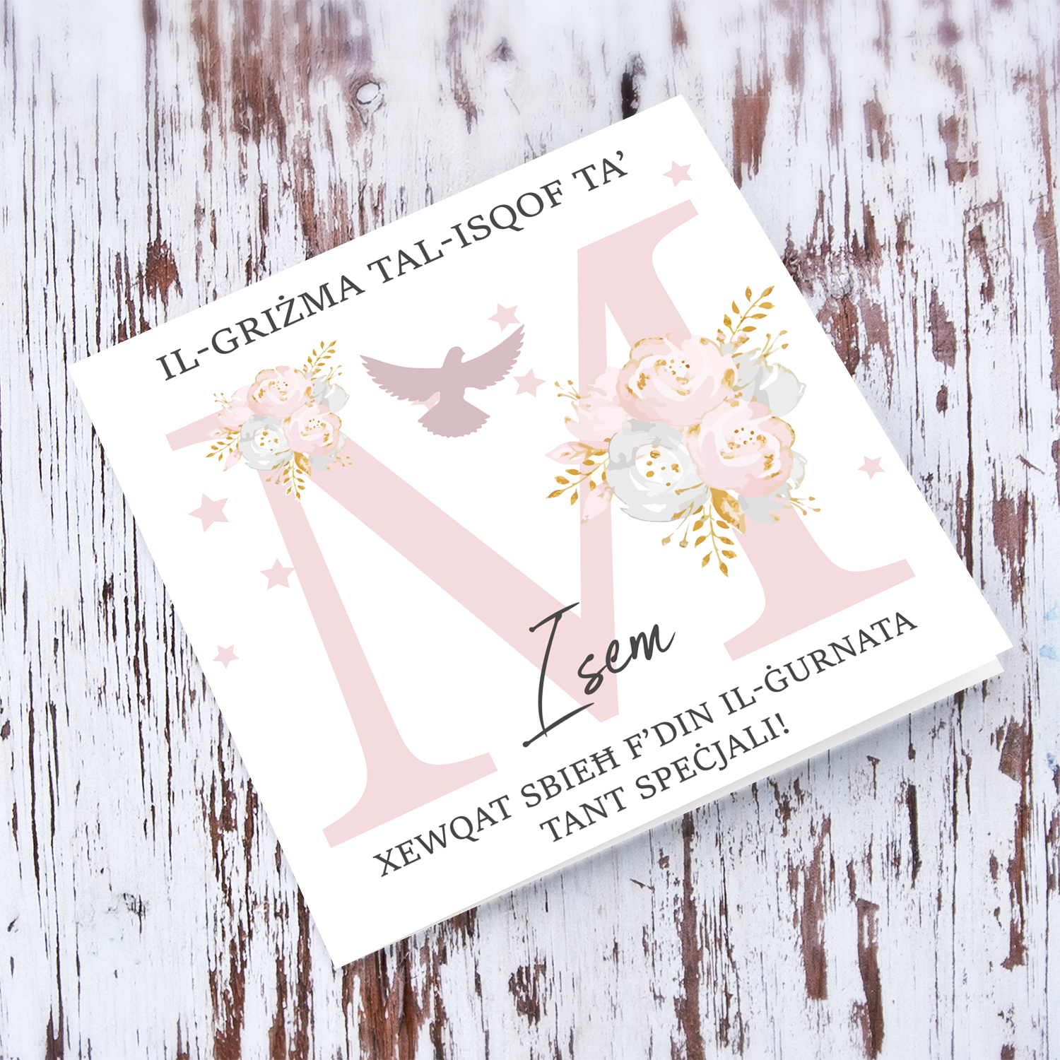 M - Initial Confirmation Card for Girls, with Holy Spirit in Maltese