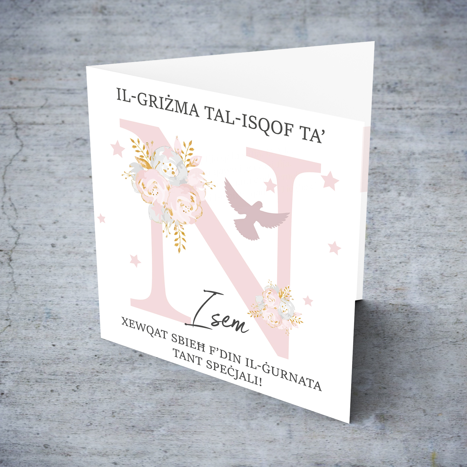 N - Initial Confirmation Card for Girls, with Holy Spirit in Maltese
