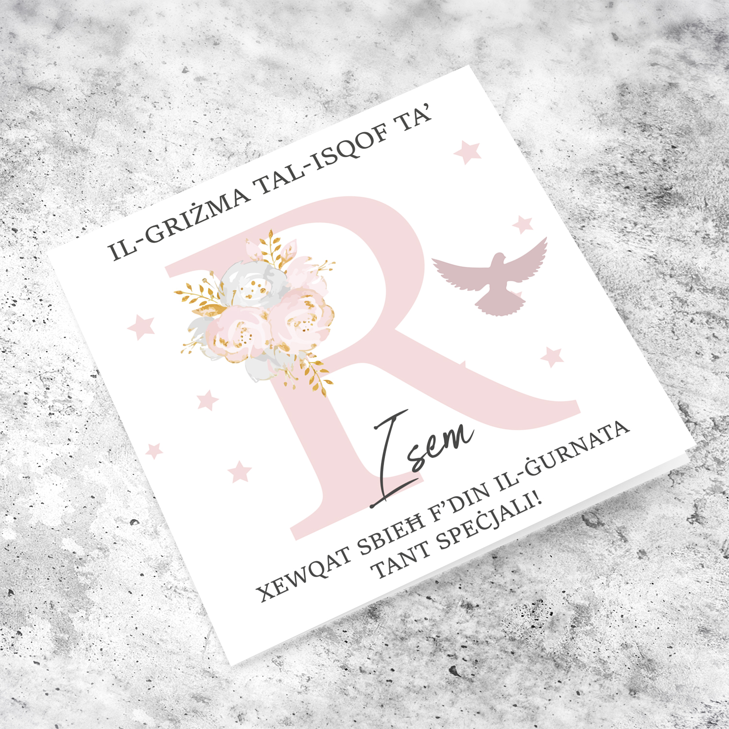 R - Initial Confirmation Card for Girls, with Holy Spirit in Maltese