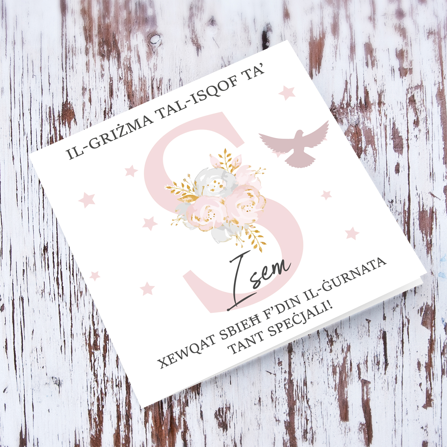S - Initial Confirmation Card for Girls, with Holy Spirit in Maltese