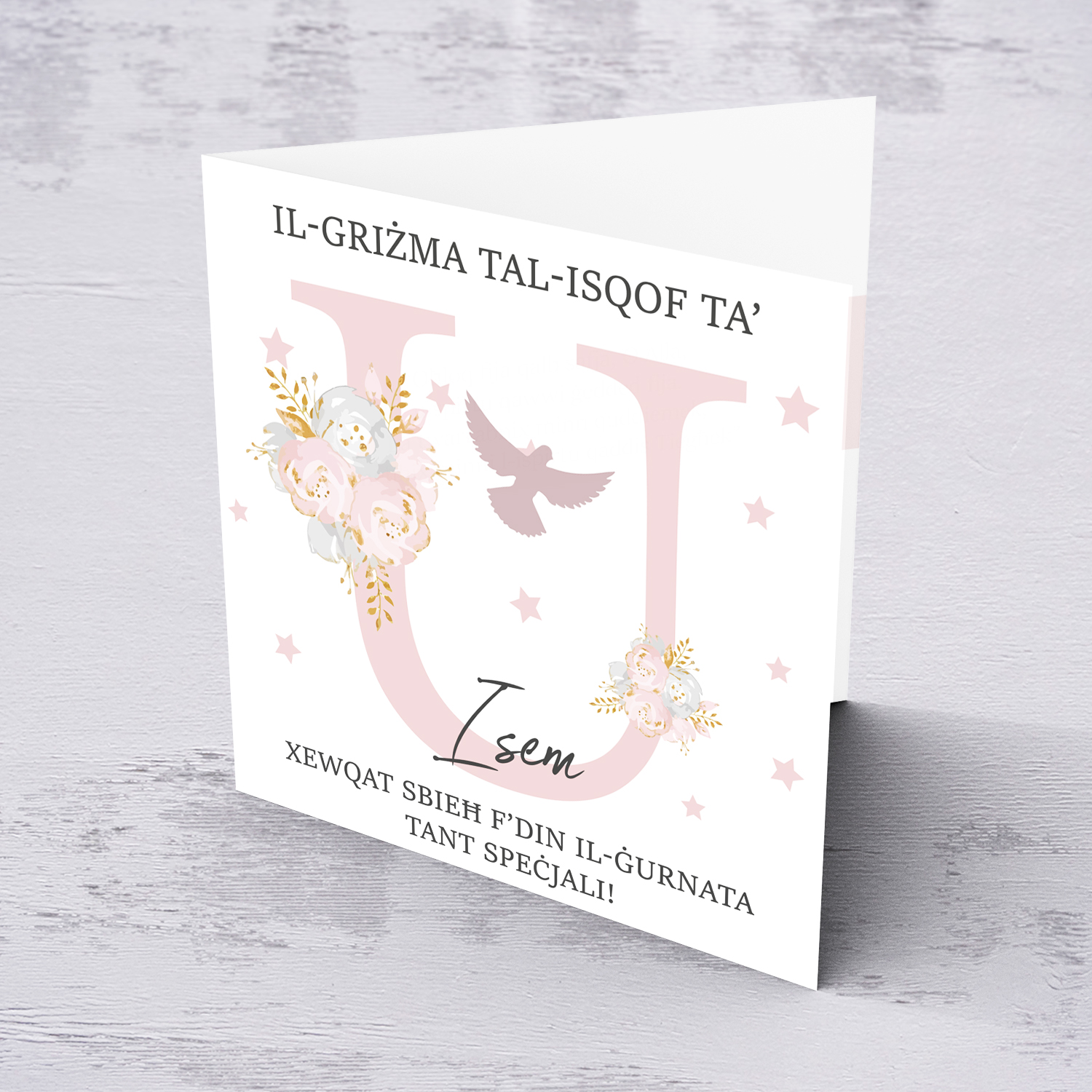 U - Initial Confirmation Card for Girls, with Holy Spirit in Maltese