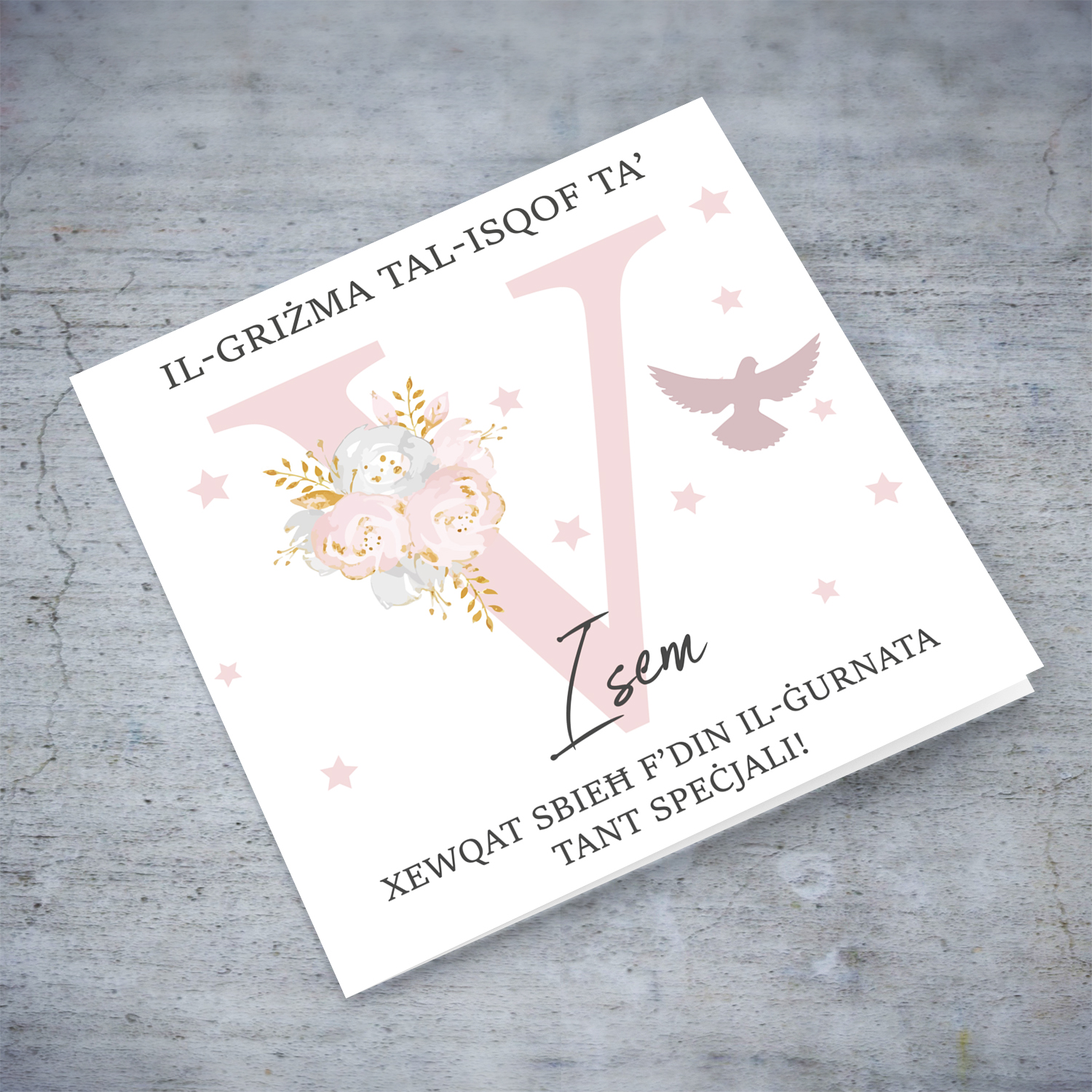 V - Initial Confirmation Card for Girls, with Holy Spirit in Maltese