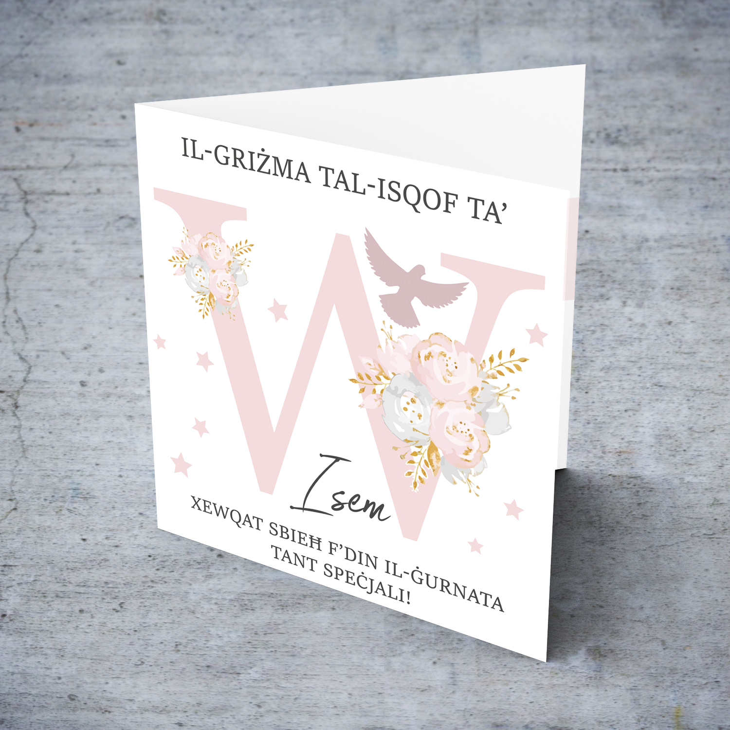 W - Initial Confirmation Card for Girls, with Holy Spirit in Maltese