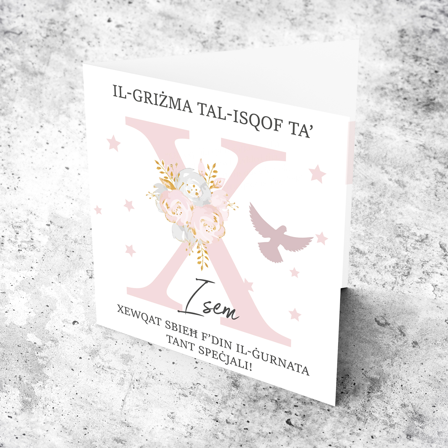 X - Initial Confirmation Card for Girls, with Holy Spirit in Maltese