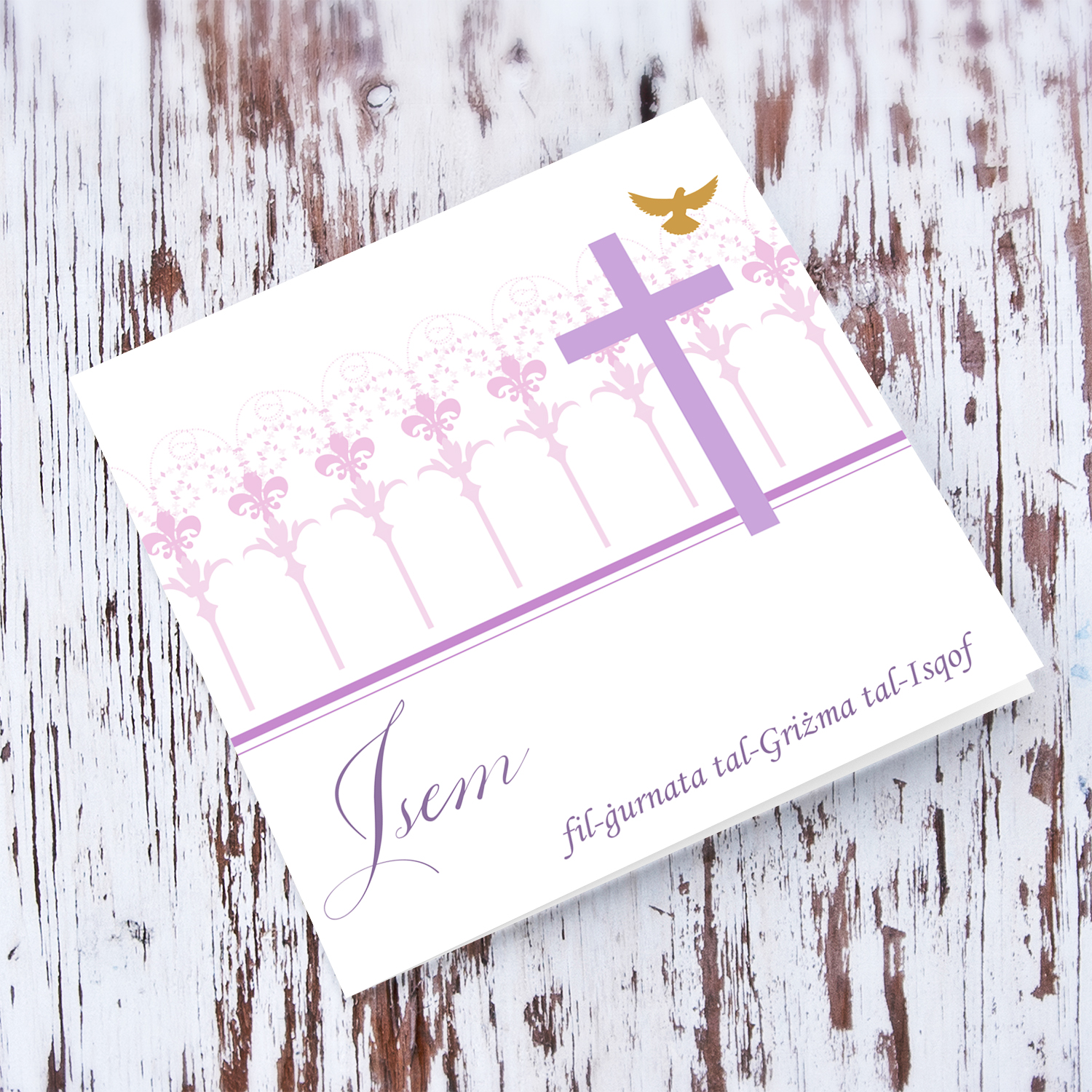 Confirmation card with purple cross and golden holy spirit (personalisable) in Maltese