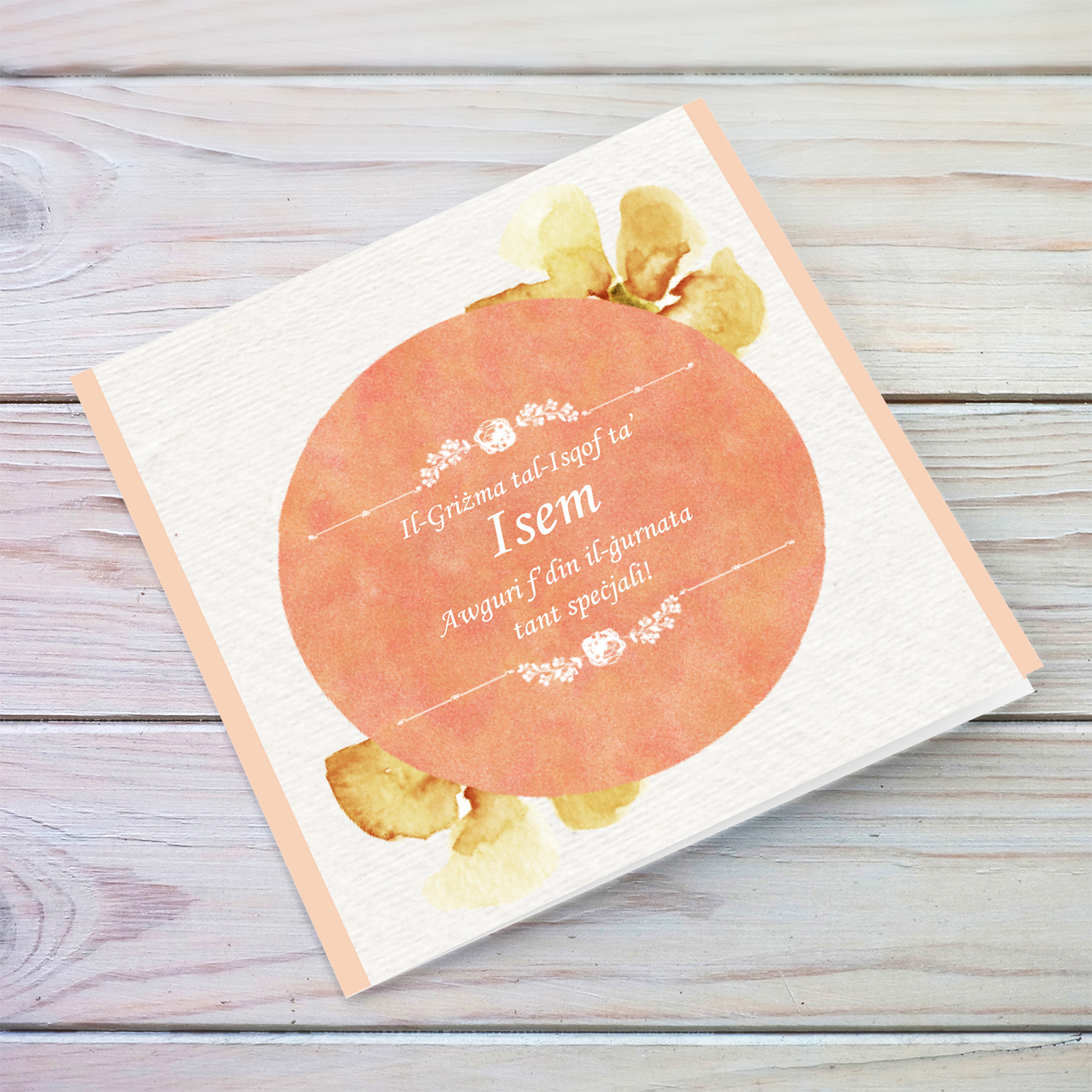 Coral circle confirmation card in Maltese (Personalisable)