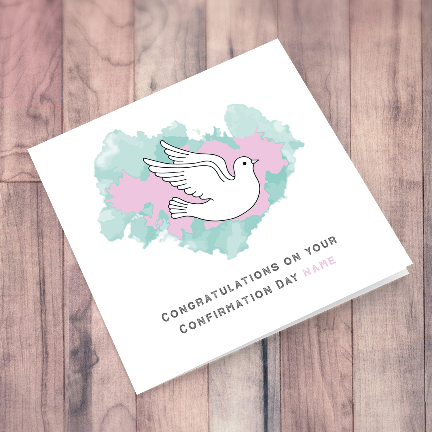 Holy Spirit themed perosnalisable Confirmation card (with pink colour) in English