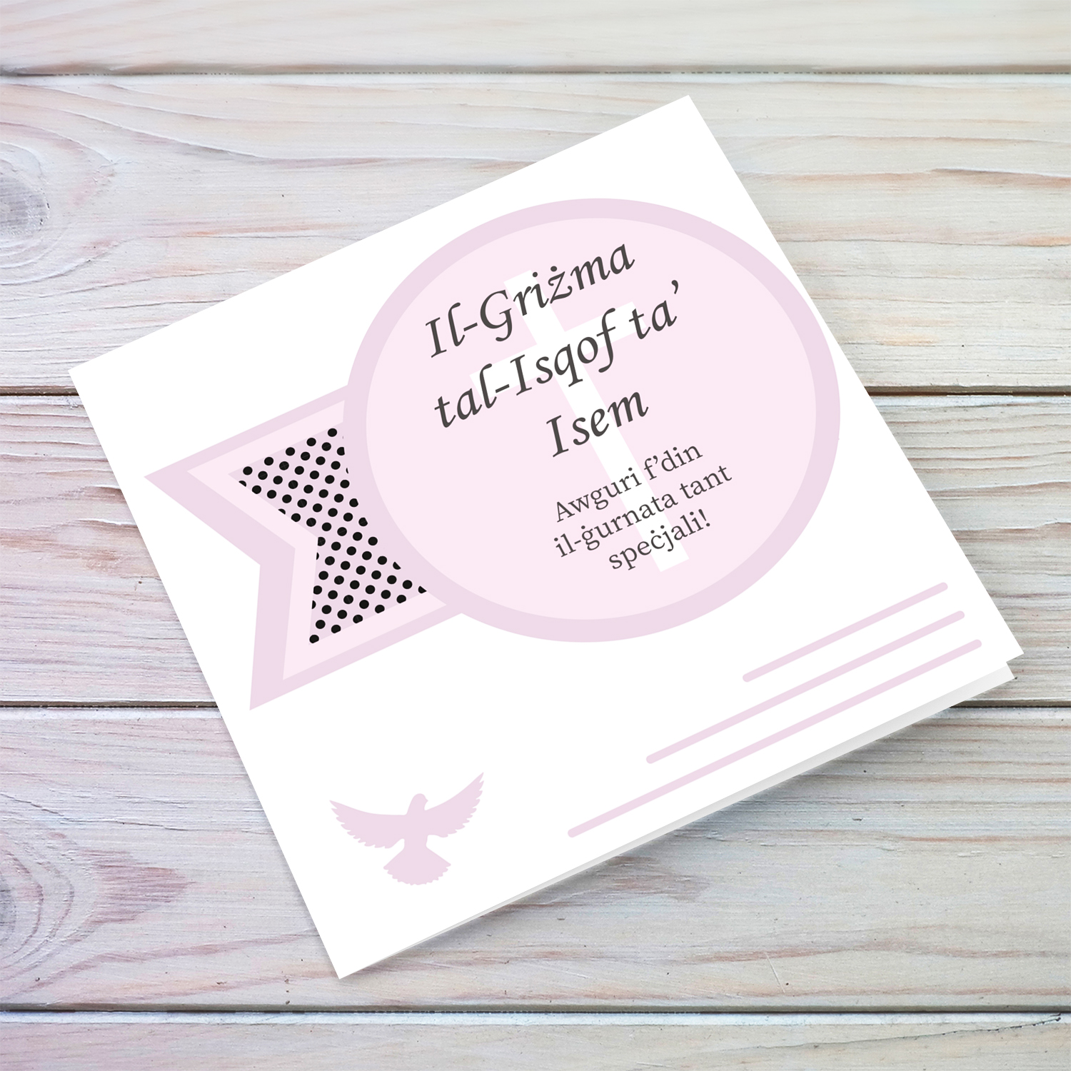 Confirmation card in pink tones in Maltese (Personalisable)