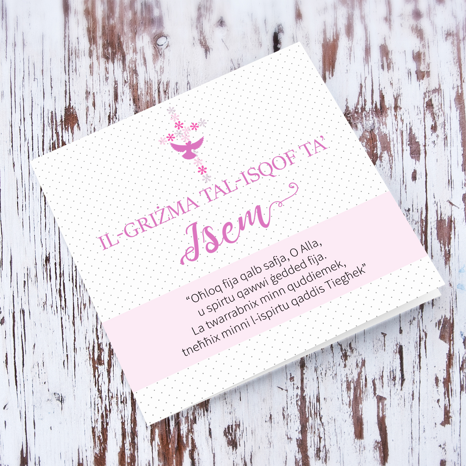 Spotted background with pink sash Confirmation Card in Maltese (Personalisable) 