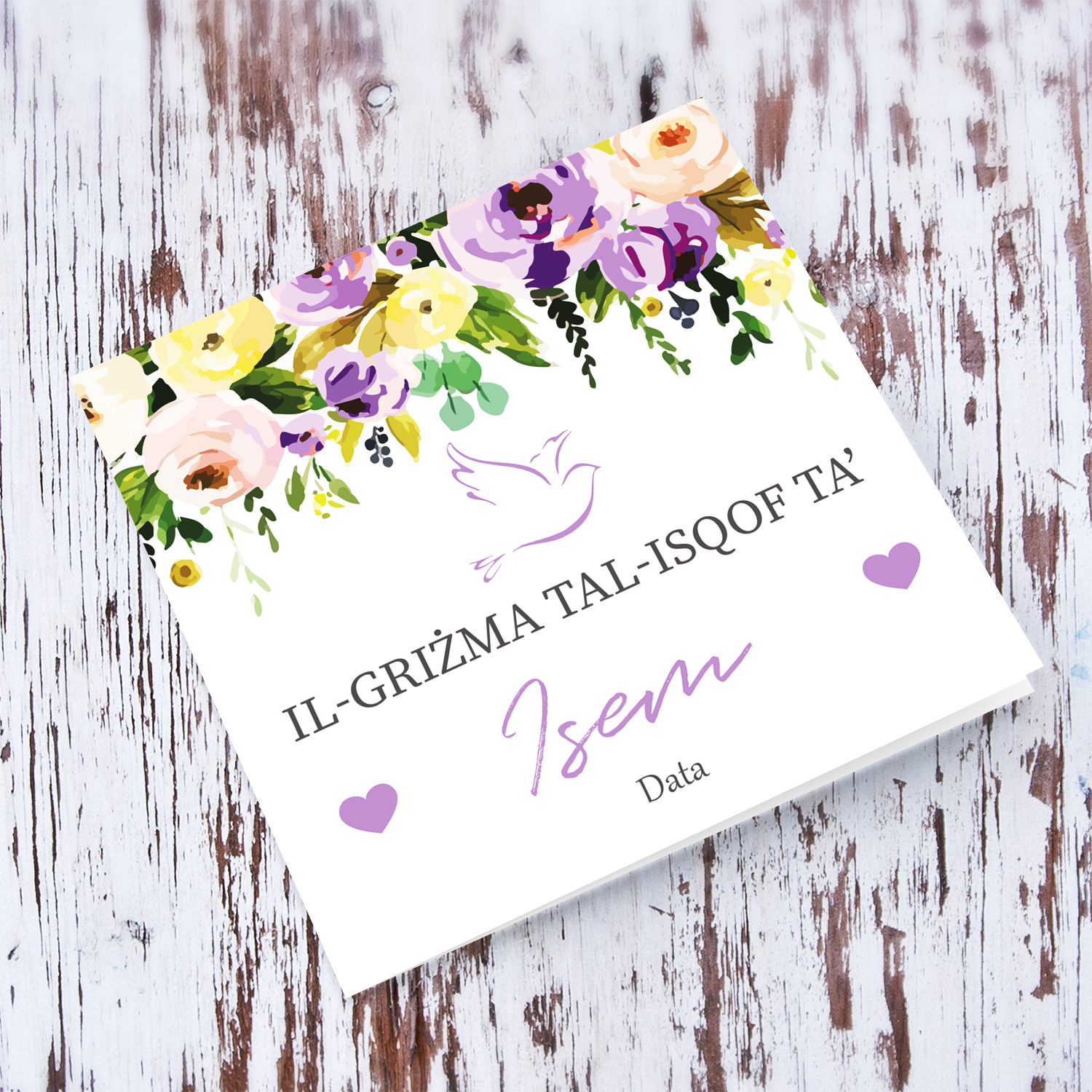 Pink, purple and yellow florals hanging Confirmation card with holy spirit in Maltese (Personalisable)