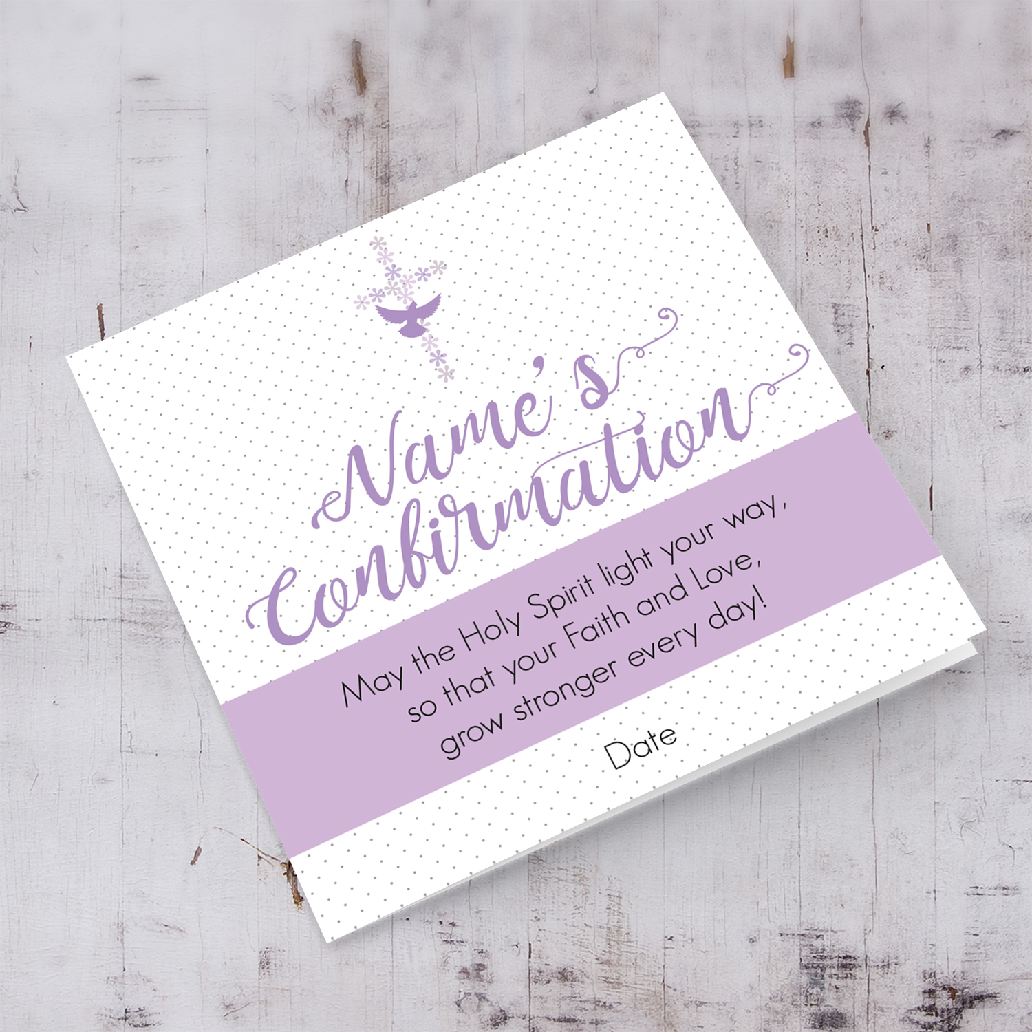 Spotted background Confirmation card in English with purple sash and holy cross with holy spirit (personalisable)