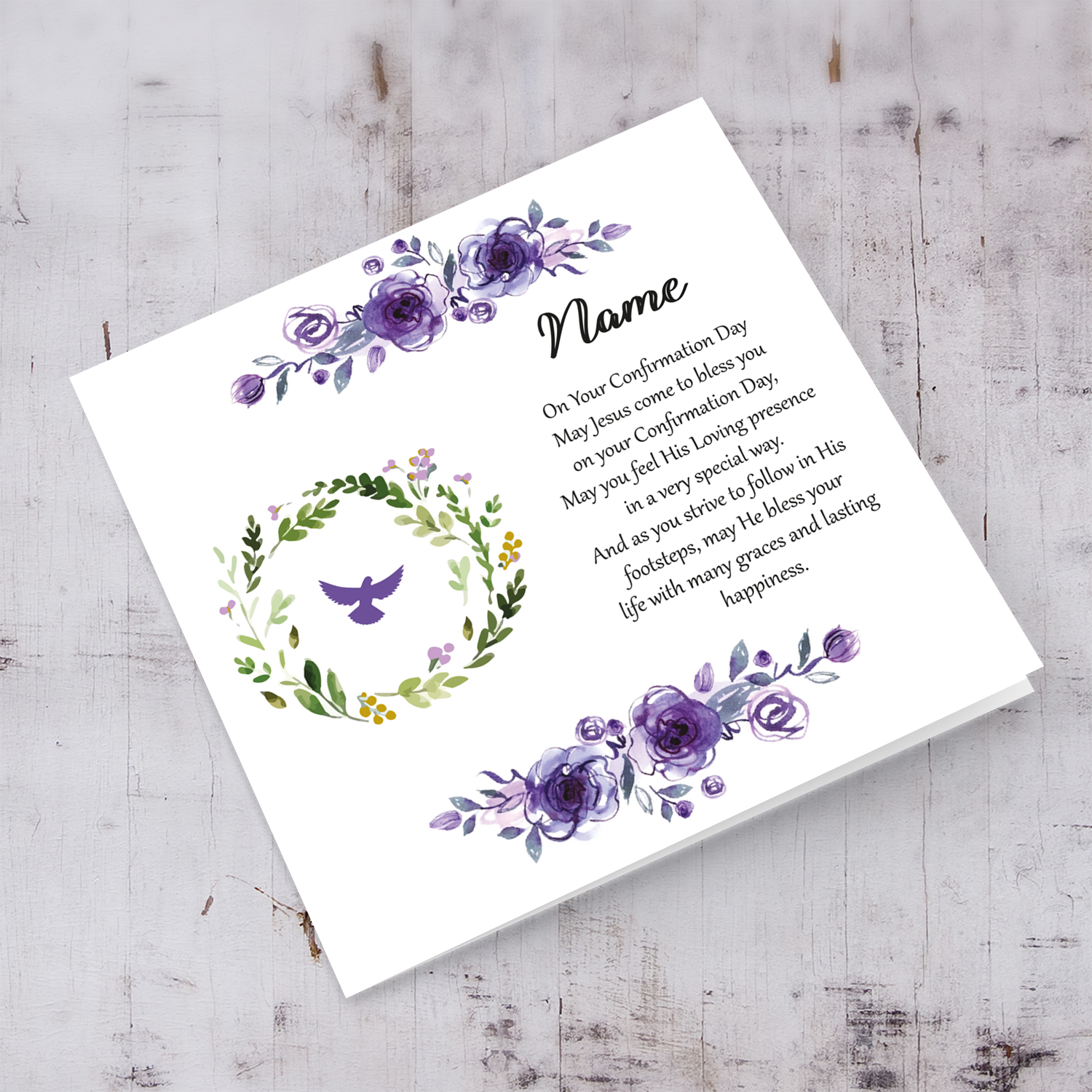 Purple flower themed confirmation card in English (Personalisable)