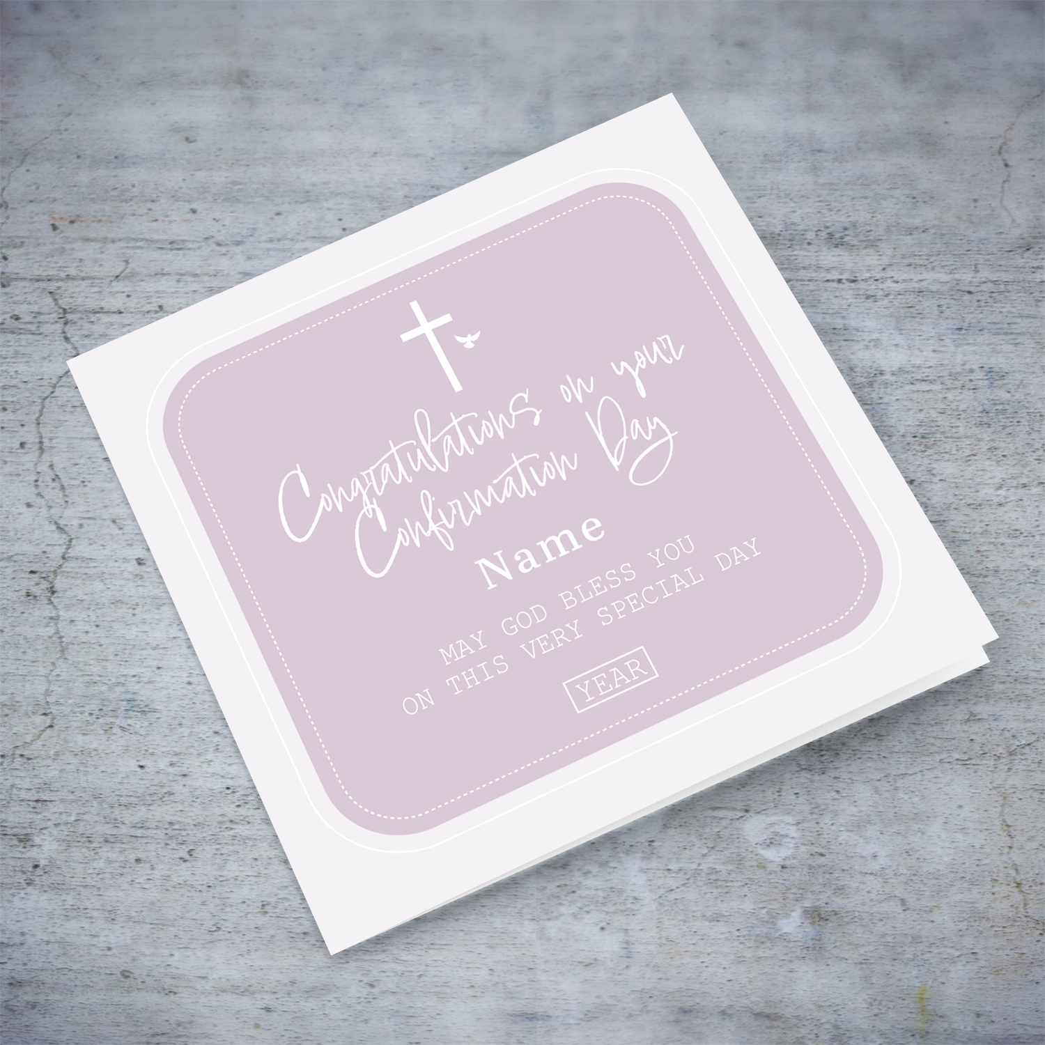 Different shades of pink/light purple Confirmation card for girl in English (Personalisable)