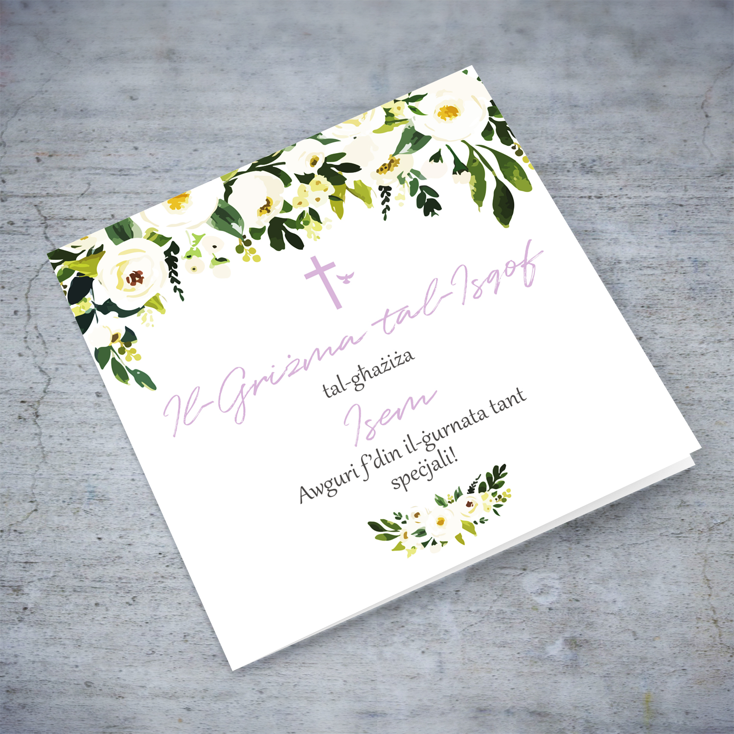 Girl - White flower themed Confirmation card for girl with purple cross and Holy Spirit in Maltese