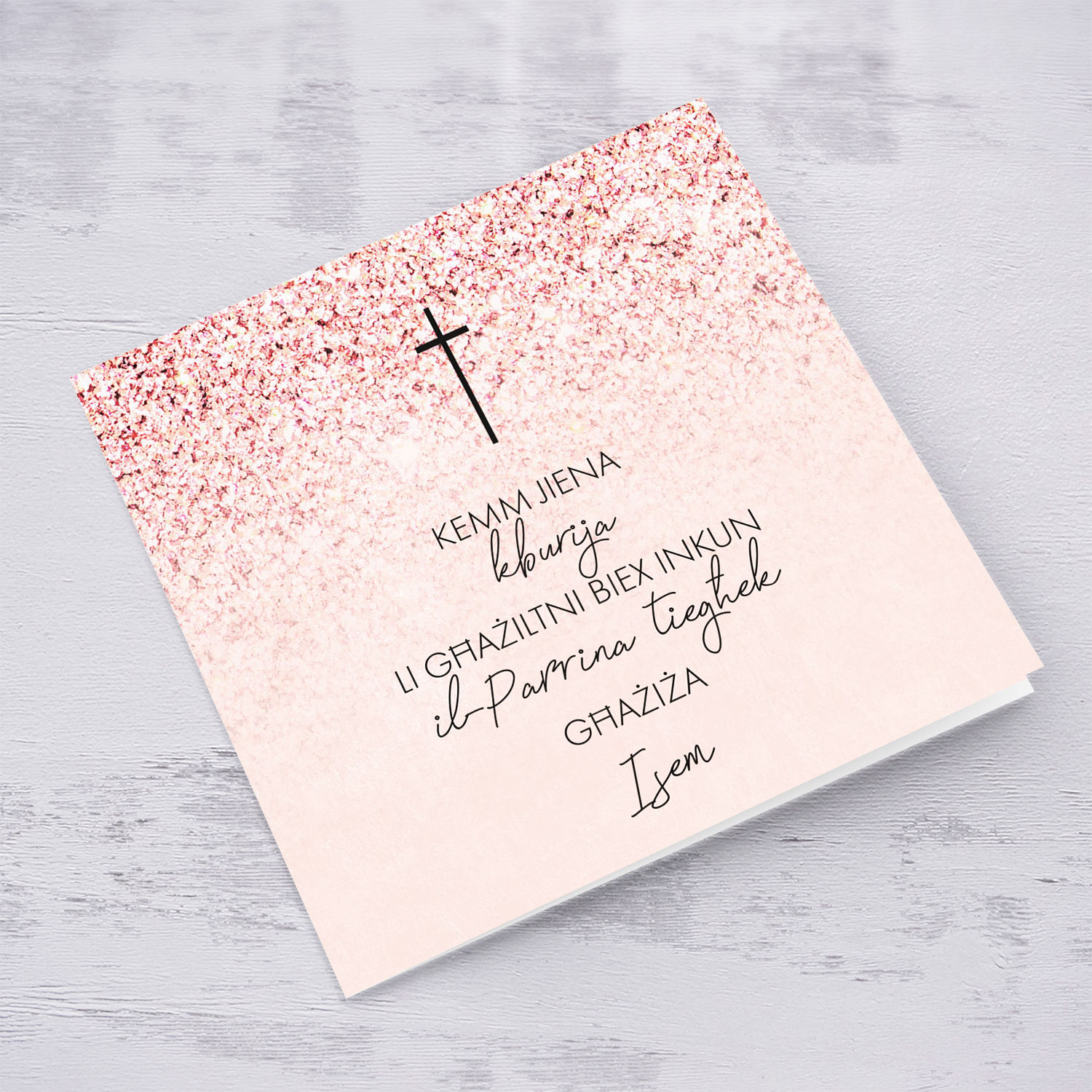 Pink Glitter with cross Confirmation card for girls from Godmother / Female sponsor in Maltese (personalisable)