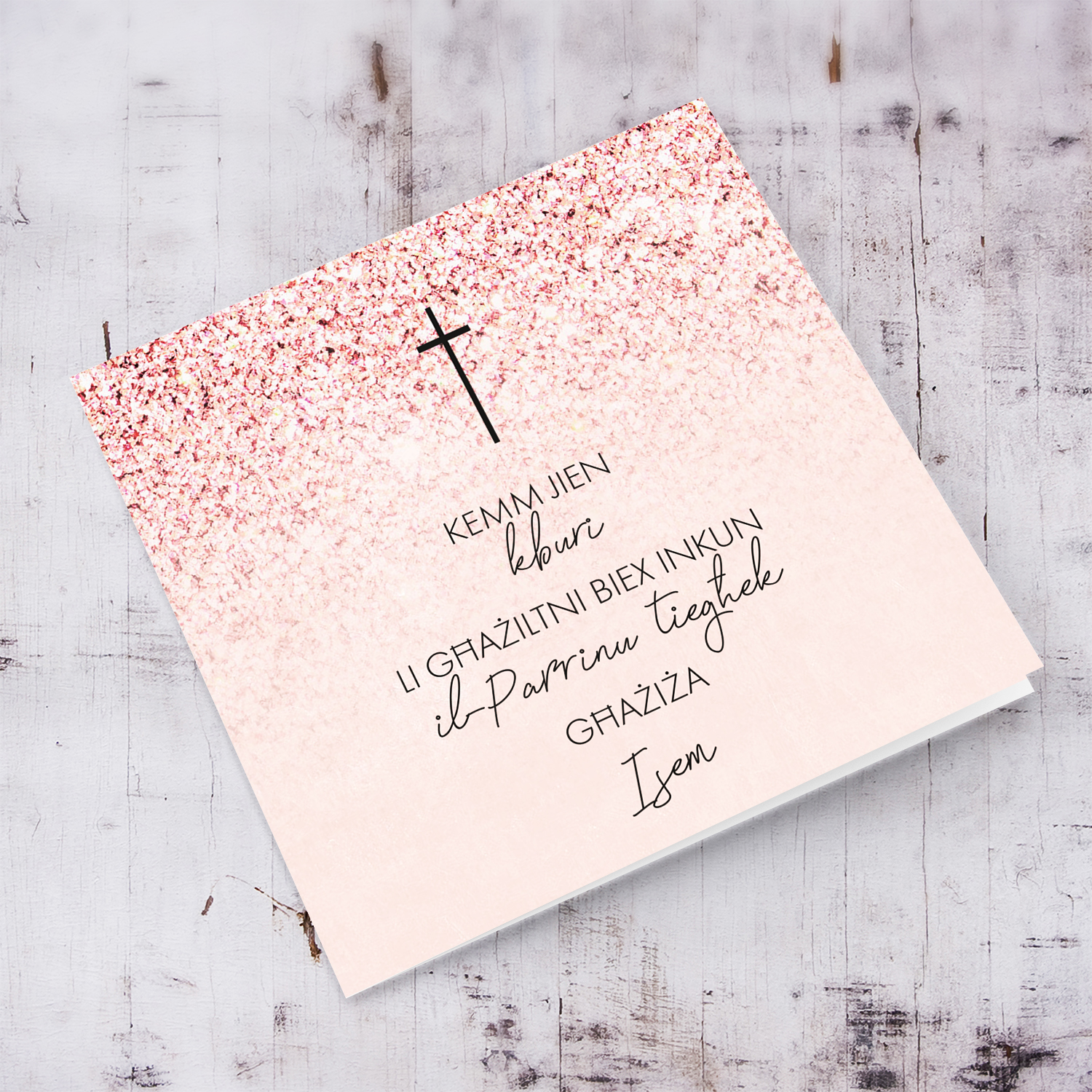 Pink Glitter with cross Confirmation card for girls from Godfather / Male sponsor in Maltese (personalisable)